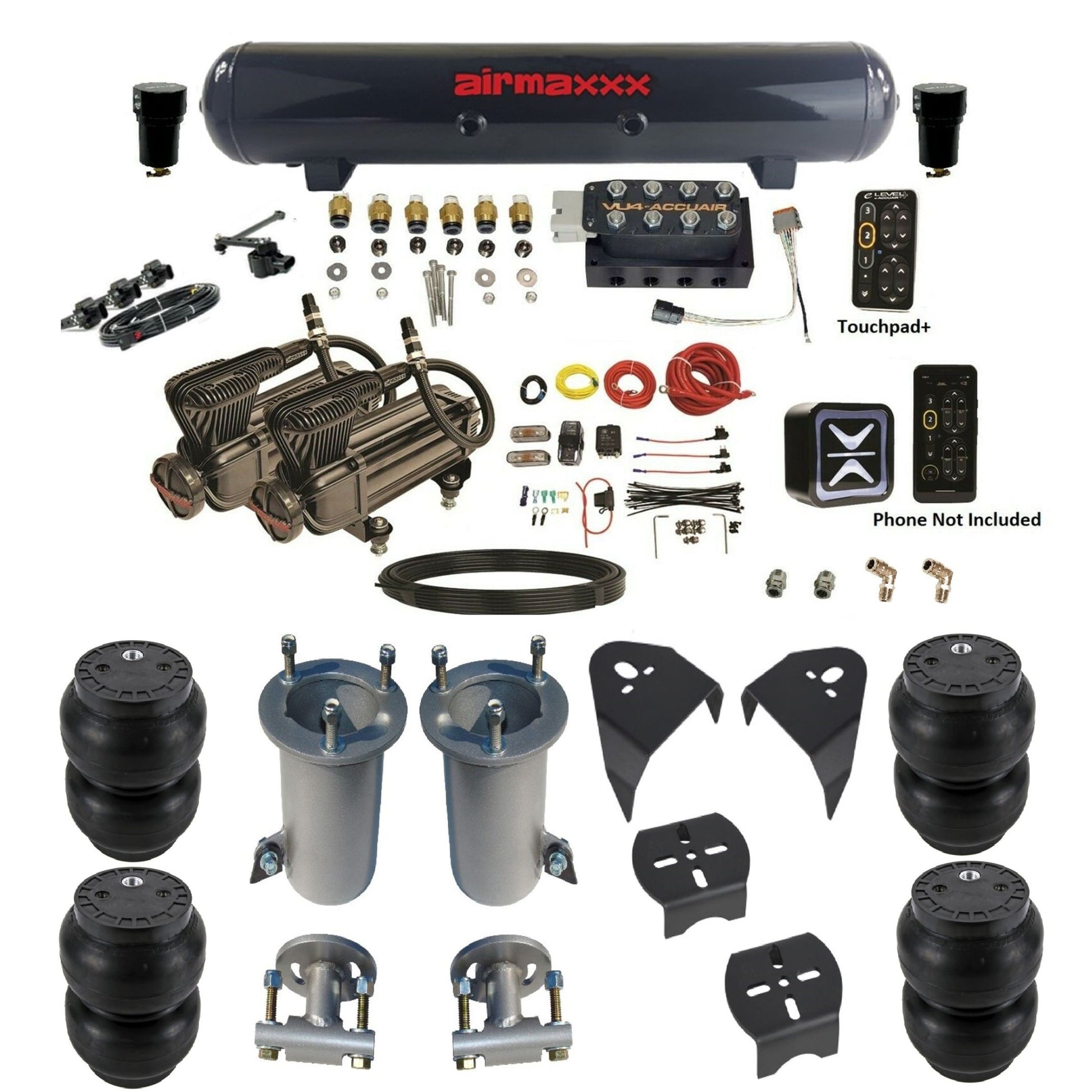 AccuAir e-Level+ VU4 dual x-series compressors steel tank slam bags air ride kit for 2007–18 Silverado/Sierra KGM07-X2B-57S-VU4EHT-WK-HFSS7