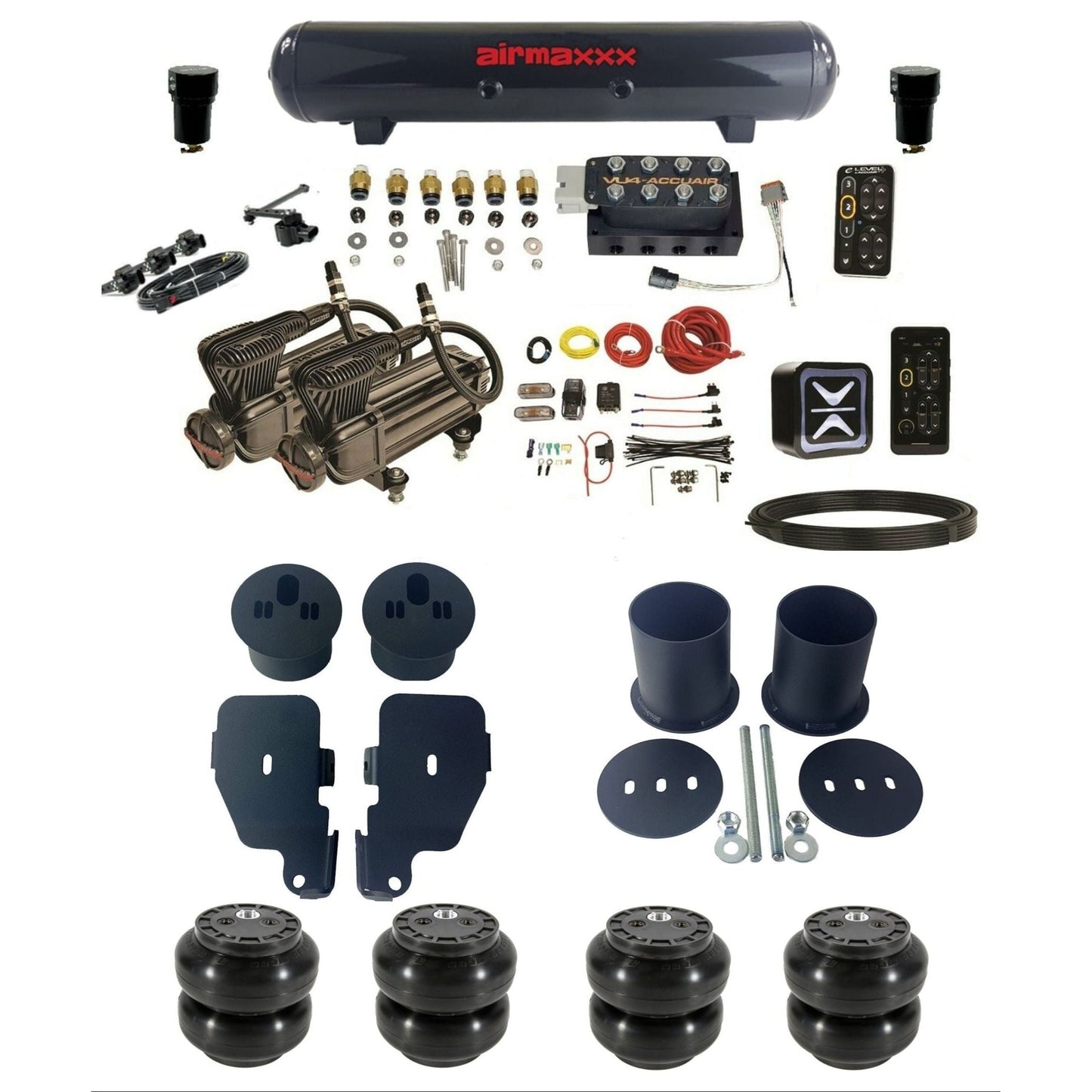 AccuAir e-Level+ VU4 dual x-series compressors steel tank & slam bags air suspension kit for 1965–70 Impala KIMP65-X2B-57S-VU4EHT-WK-HFSS6
