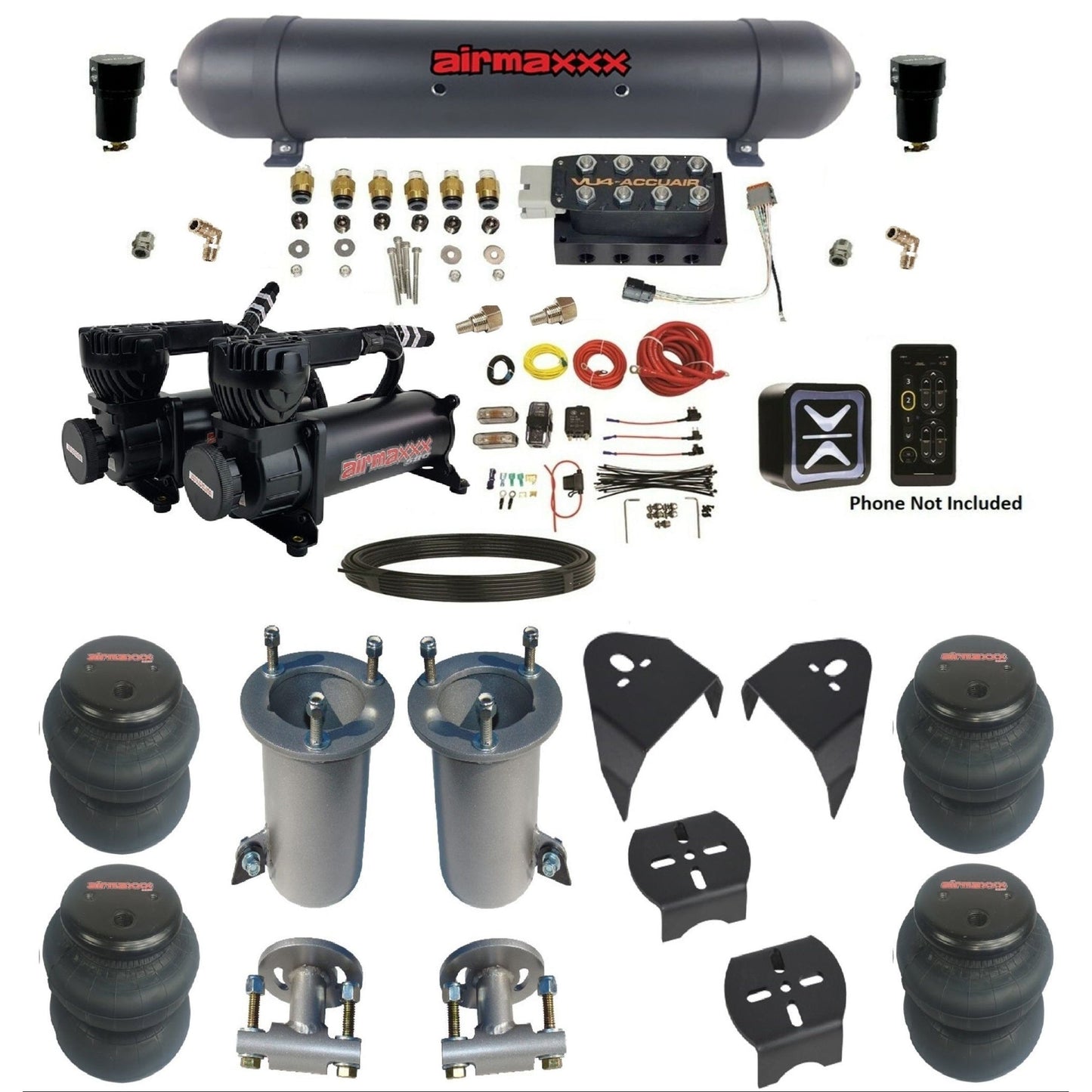 AccuAir e+ Connect VU4 air management kit 580 black compressors aluminum tank 2600 bags for 2007–18 Silverado/Sierra KGM07-580B2-57ABK-VU4E-WK-HF