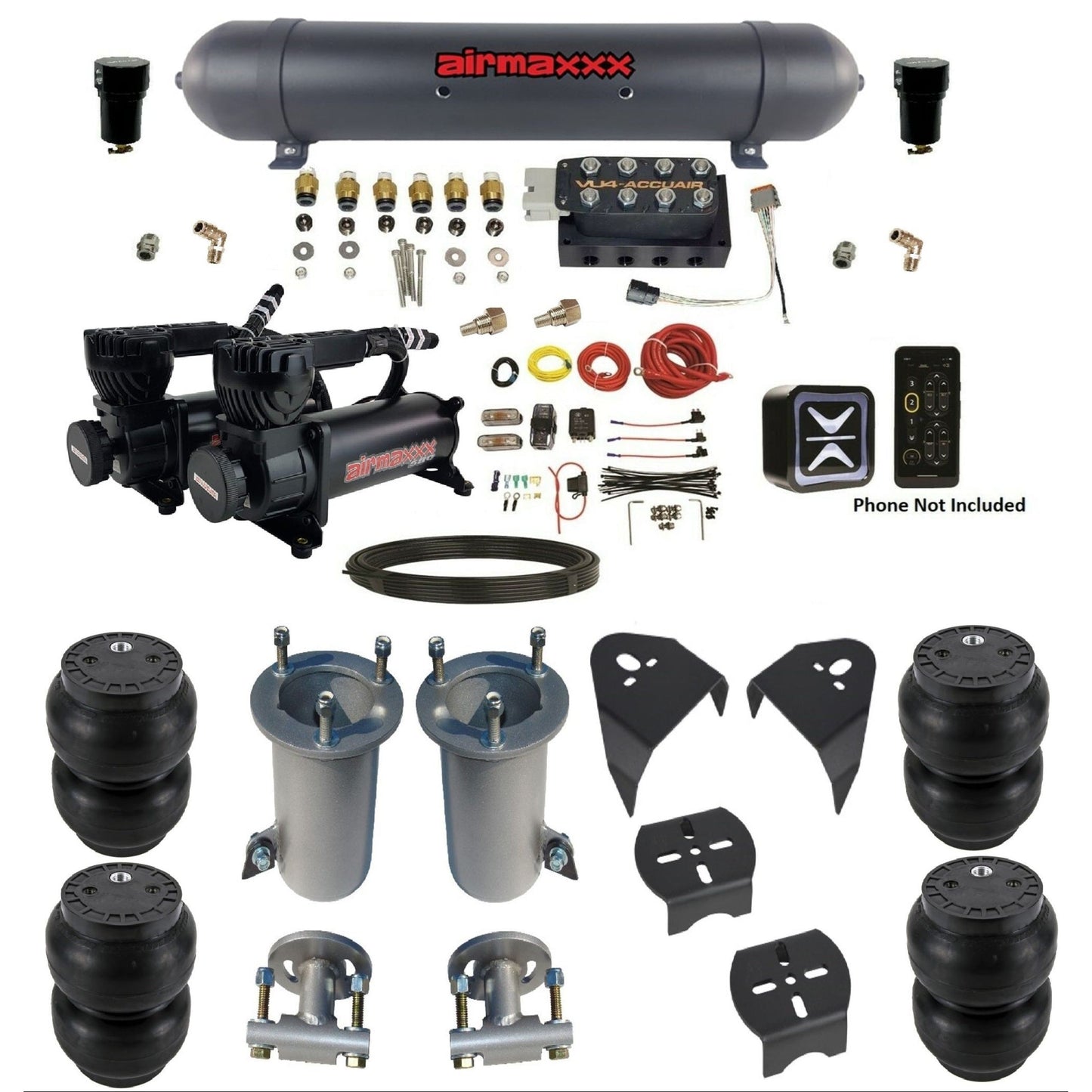 AccuAir e+ Connect VU4 air management kit 580 black compressors aluminum tank slam bags for 2007–18 Silverado/Sierra KGM07-580B2-57ABK-VU4E-WK-HFSS7
