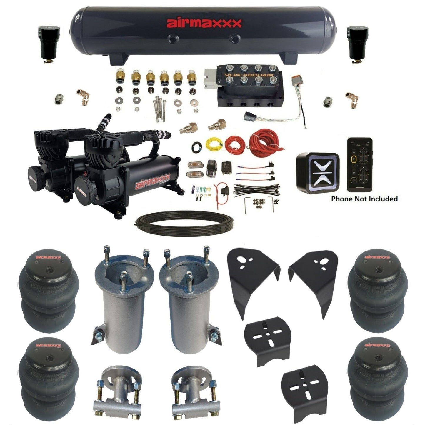 AccuAir e+ Connect VU4 air management kit 580 black compressors steel tank 2600 bags for 2007–18 Silverado/Sierra KGM07-580B2-57S-VU4E-WK-HF