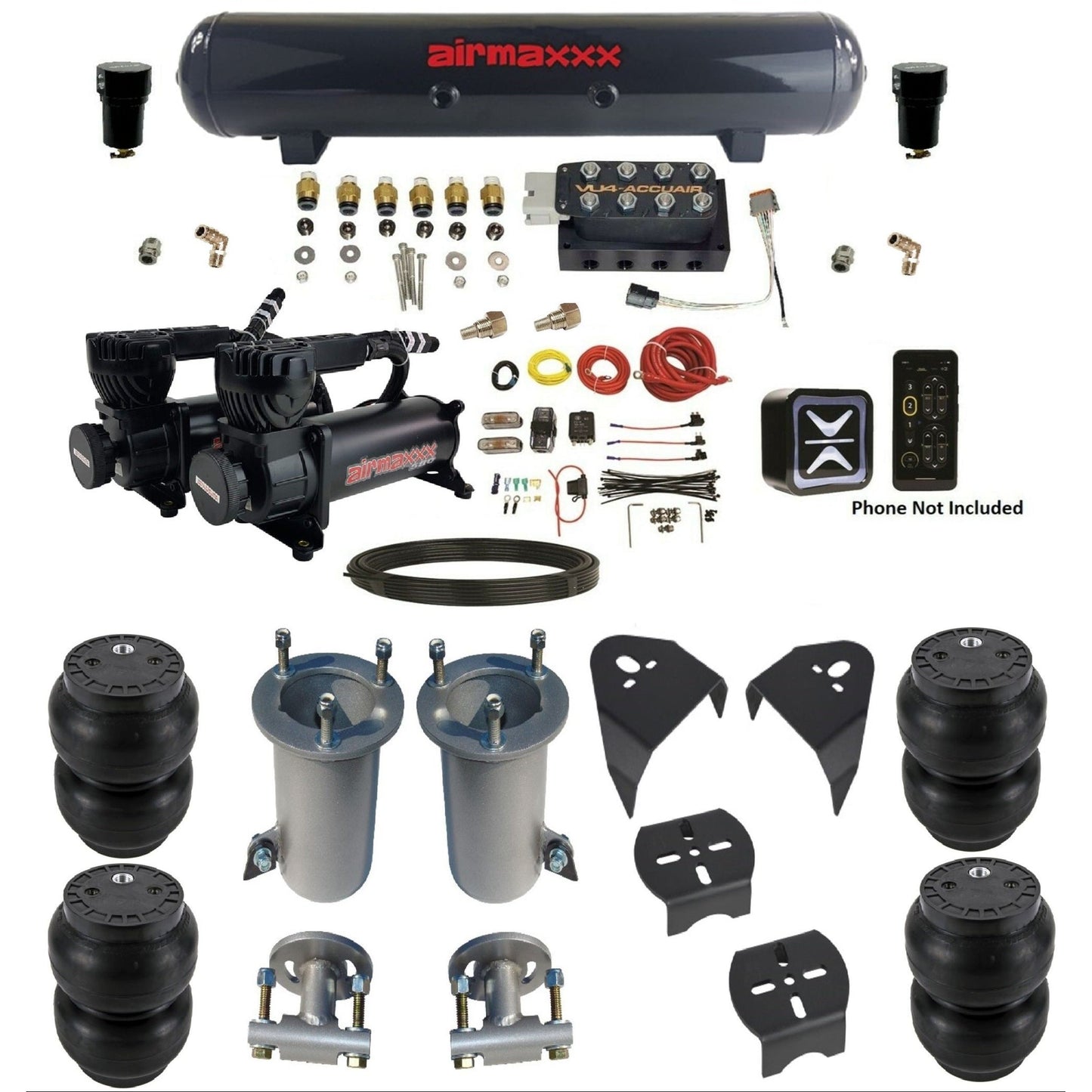 AccuAir e+ Connect VU4 air management kit 580 black compressors steel tank slam bags for 2007–18 Silverado/Sierra KGM07-580B2-57S-VU4E-WK-HFSS7