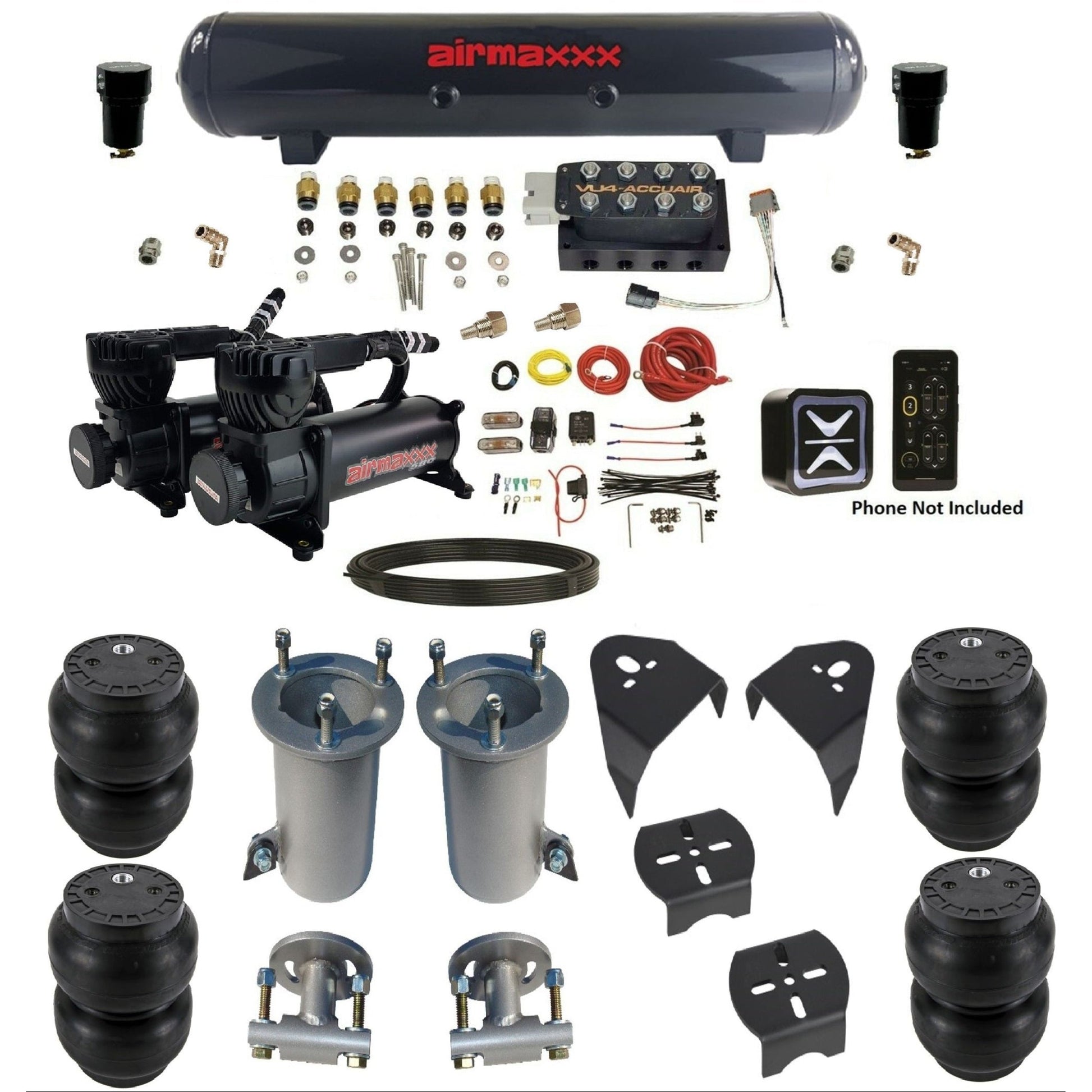 AccuAir e+ Connect VU4 air management kit 580 black compressors steel tank slam bags for 2007–18 Silverado/Sierra KGM07-580B2-57S-VU4E-WK-HFSS7