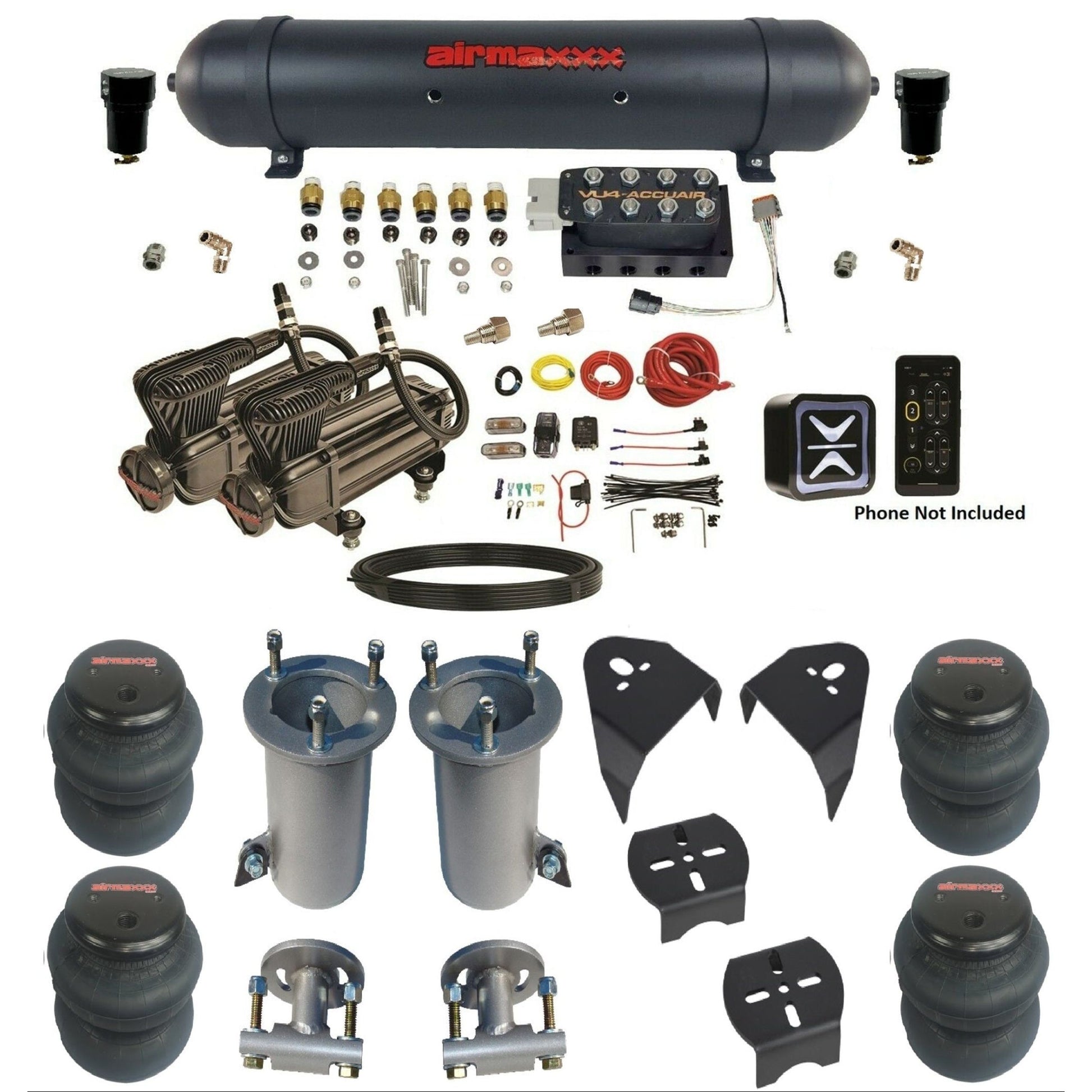 AccuAir e+ Connect VU4 air management kit x-series compressors aluminum tank 2600 bags for 2007–18 Silverado/Sierra KGM07-X2B-57ABK-VU4E-WK-HF