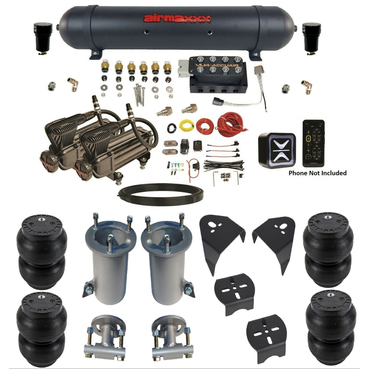 AccuAir e+ Connect VU4 air management kit x-series compressors aluminum tank slam bags for 2007–18 Silverado/Sierra KGM07-X2B-57ABK-VU4E-WK-HFSS7
