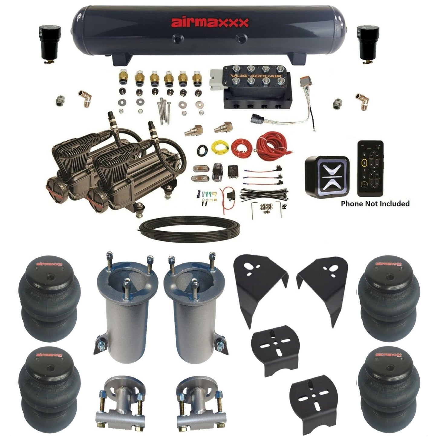 AccuAir e+ Connect VU4 air management kit x-series compressors steel tank 2600 bags for 2007–18 Silverado/Sierra KGM07-X2B-57S-VU4E-WK-HF