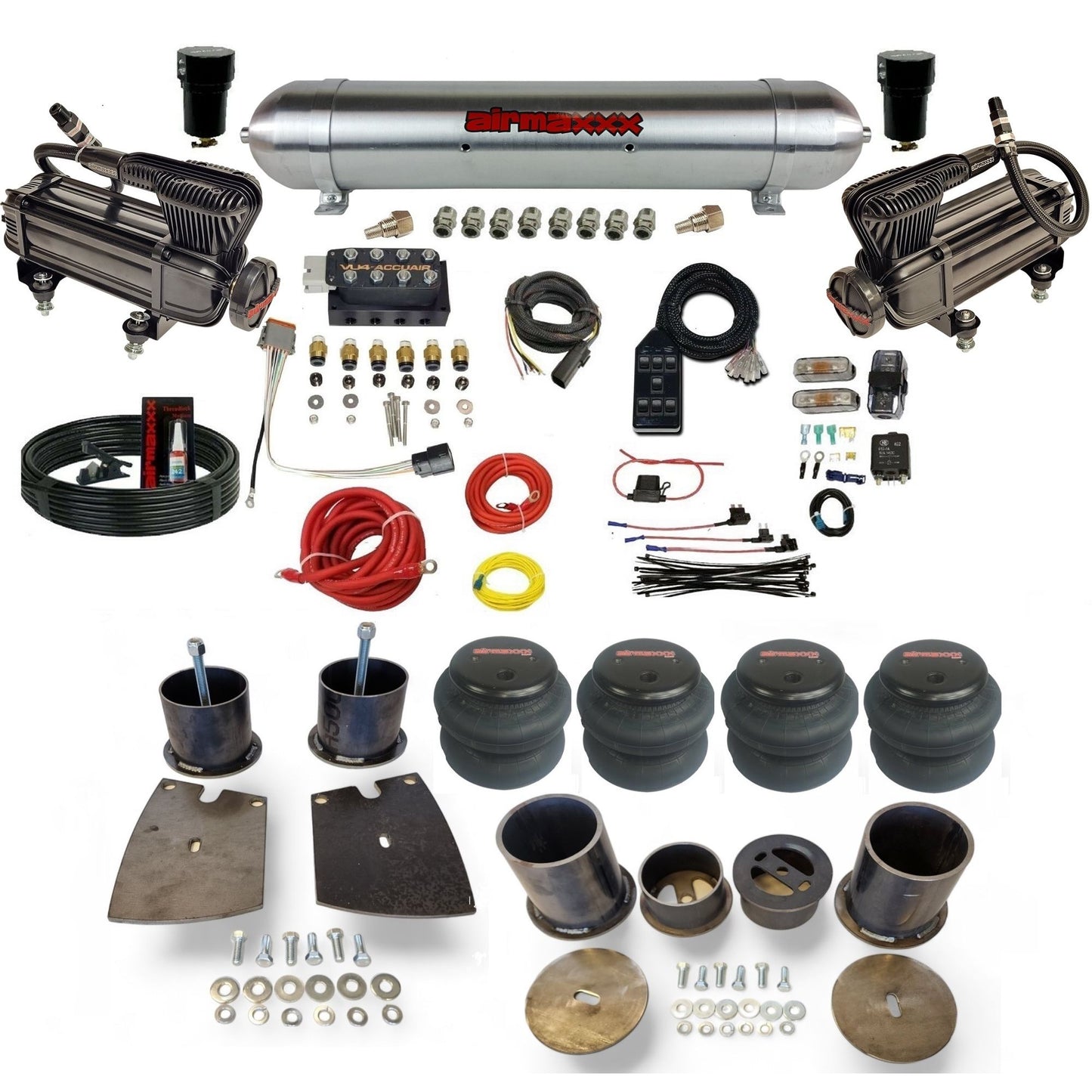 Accuair VU4 3/8 air ride suspension kit with X-series compressors raw aluminum tank 2600 bags & airmaxxx brackets fits 1961-64 Buick KBUI61-XB2-57ARW-VU4-7BK-WK-HF