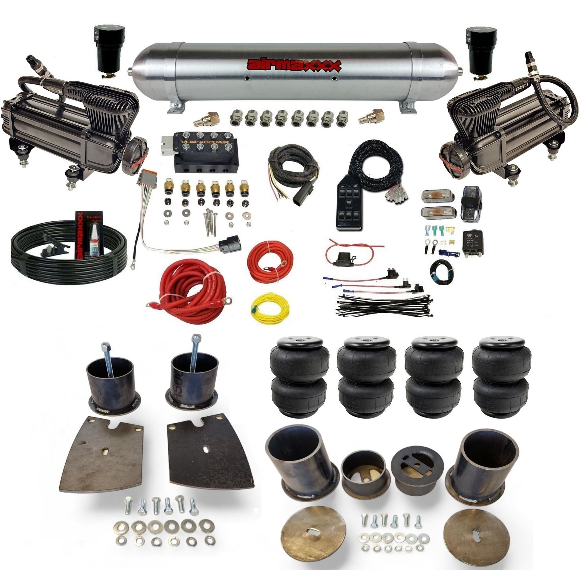 Accuair VU4 3/8 air ride suspension kit with X-series compressors raw aluminum tank airlift bags & airmaxxx brackets fits 1961-64 Buick KBUI61-XB2-57ARW-VU4-7BK-WK-HFD25