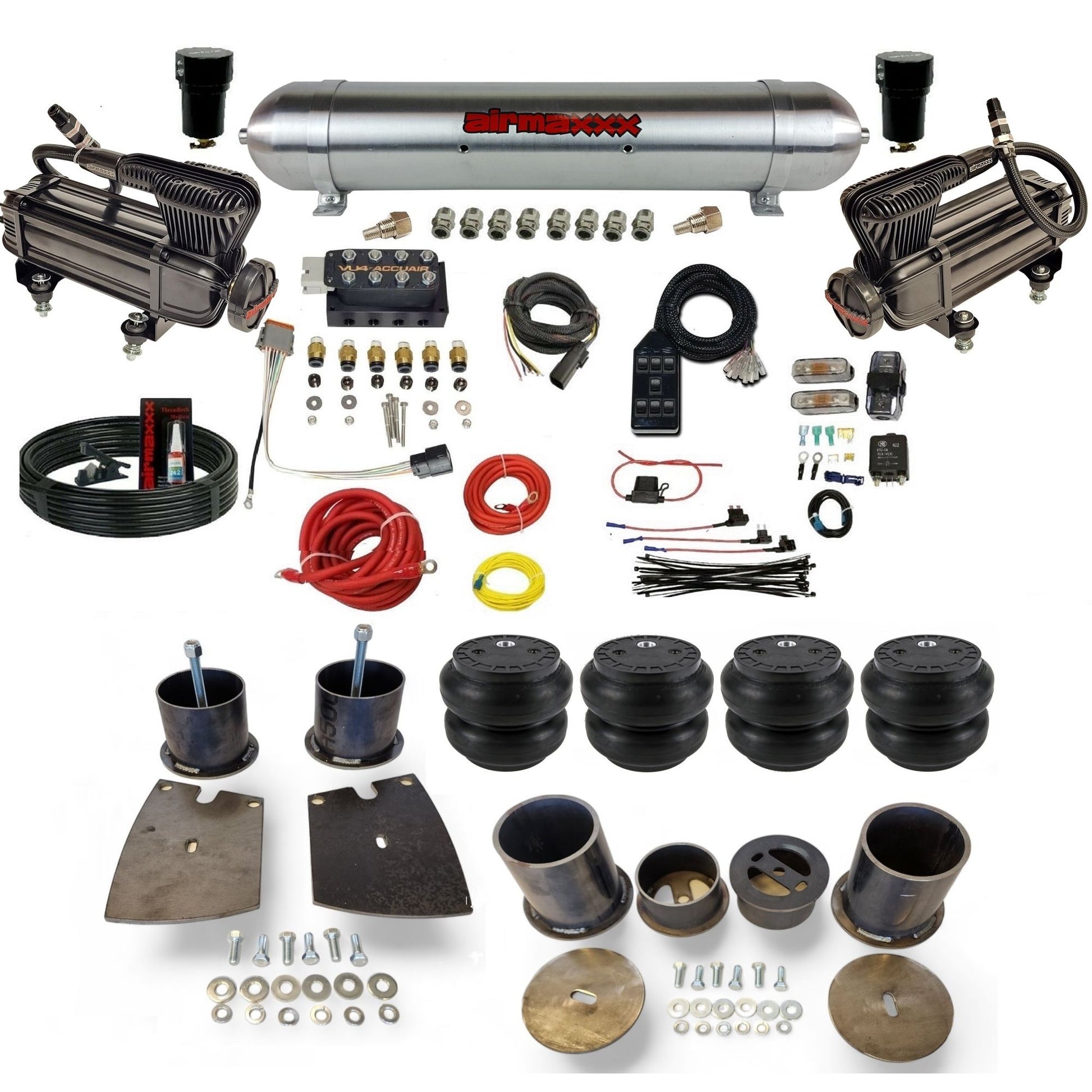 Accuair VU4 3/8 air ride suspension kit with X-series compressors raw aluminum tank slam bags & airmaxxx brackets fits 1961-64 Buick KBUI61-XB2-57ARW-VU4-7BK-WK-HFSS7