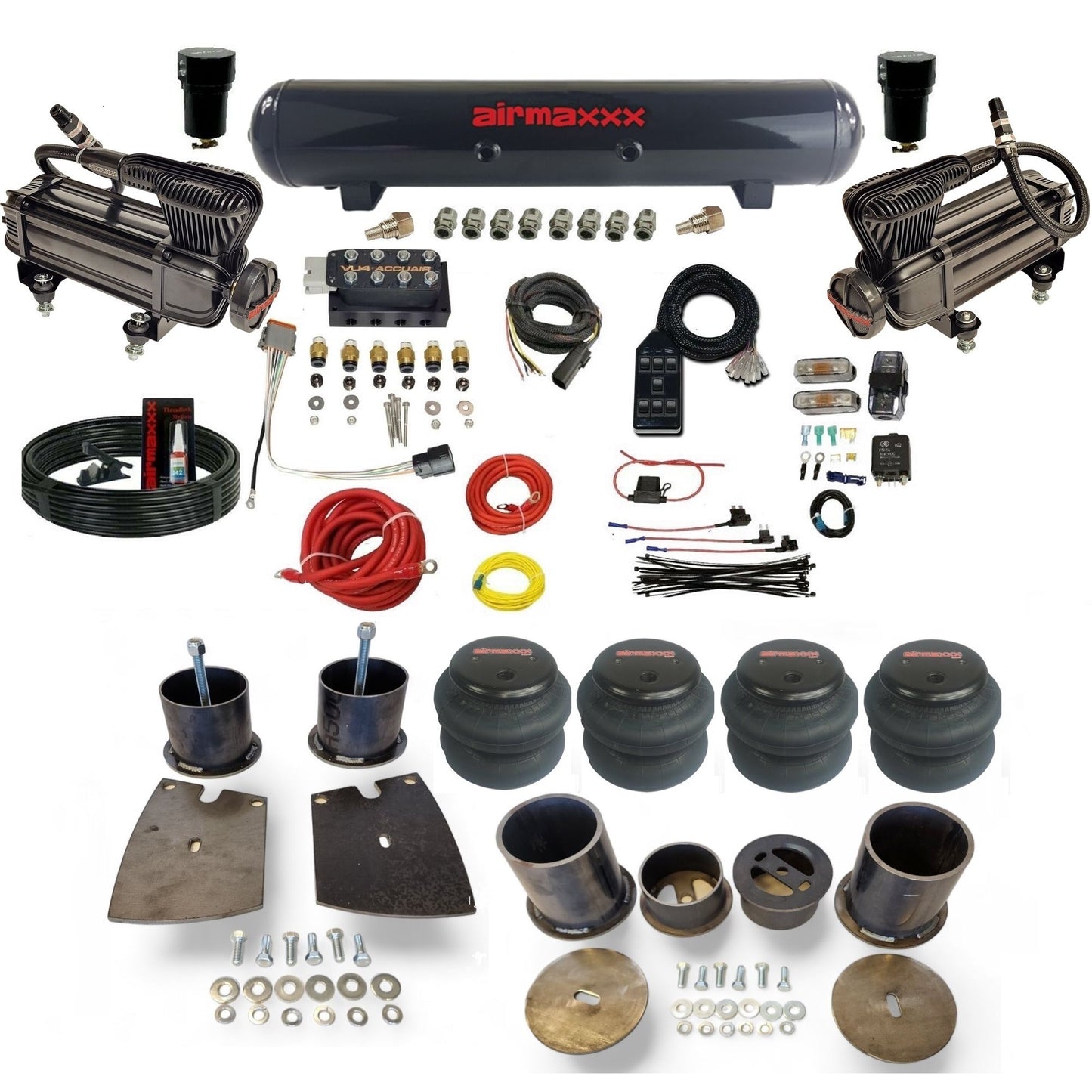 Accuair VU4 3/8 air ride suspension kit with X-series compressors steel tank 2600 bags & airmaxxx brackets fits 1961-64 Buick KBUI61-XB2-57S-VU4-7BK-WK-HF