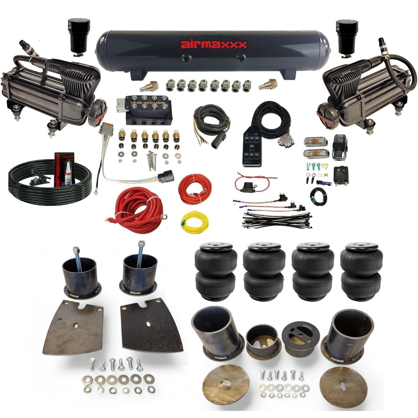 Accuair VU4 3/8 air ride suspension kit with X-series compressors steel tank airlift bags & airmaxxx brackets fits 1961-64 Buick KBUI61-XB2-57S-VU4-7BK-WK-HFD25