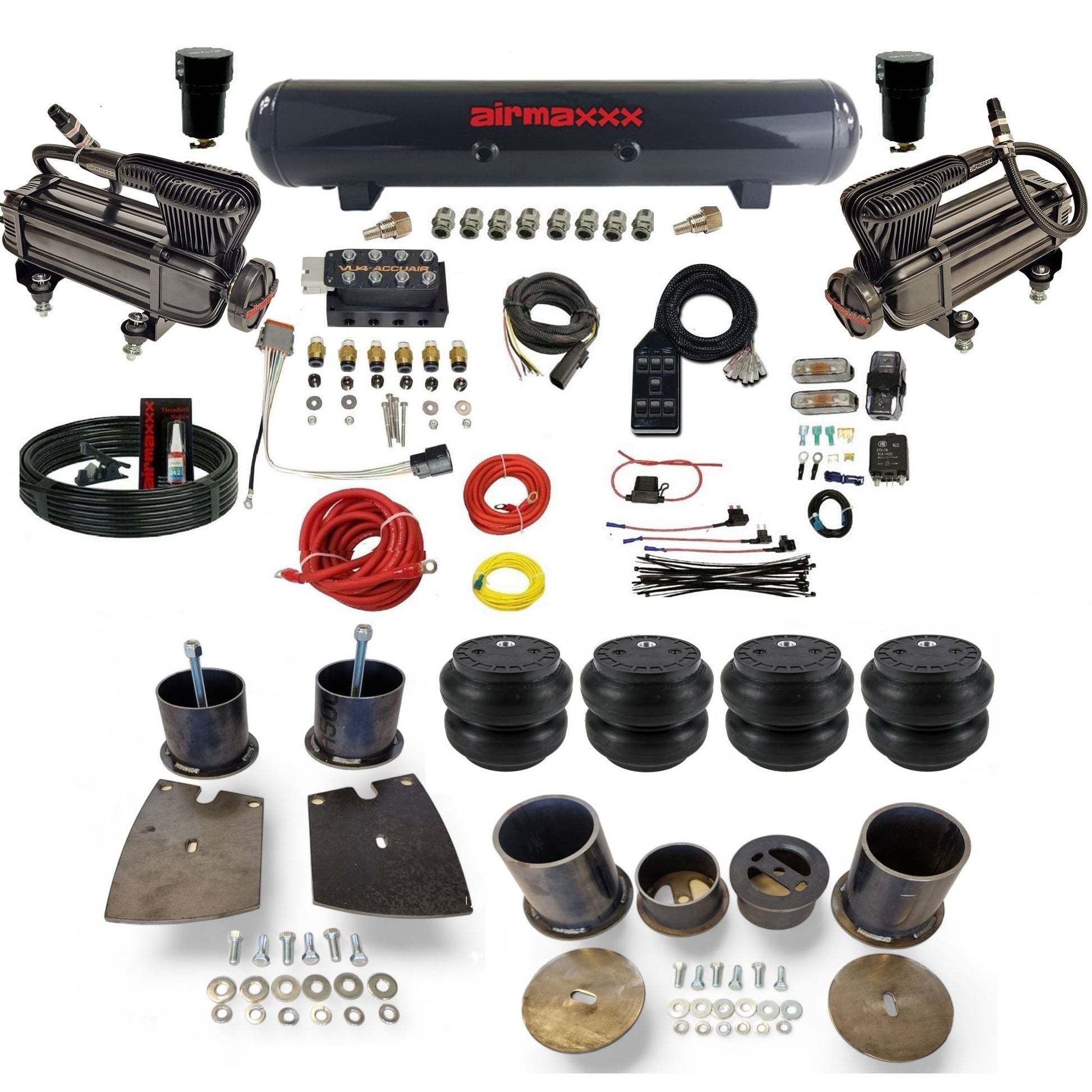 Accuair VU4 3/8 air ride suspension kit with X-series compressors steel tank slam bags & airmaxxx brackets fits 1961-64 Buick KBUI61-XB2-57S-VU4-7BK-WK-HFSS7