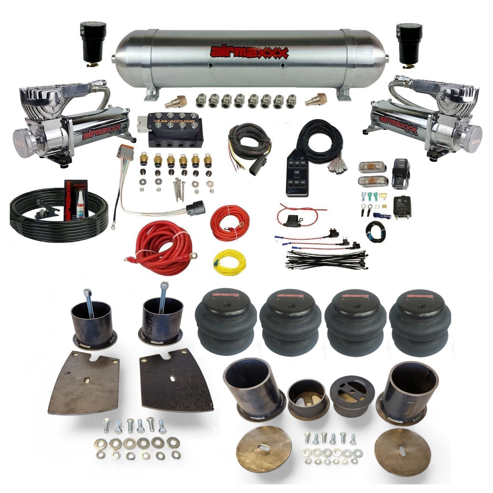 Accuair VU4 3/8 air ride suspension kit with chrome 580 compressors raw aluminum tank 2600 bags & airmaxxx brackets fits 1961-64 Buick KBUI61-580C2-57ARW-VU4-7BK-WK-HF