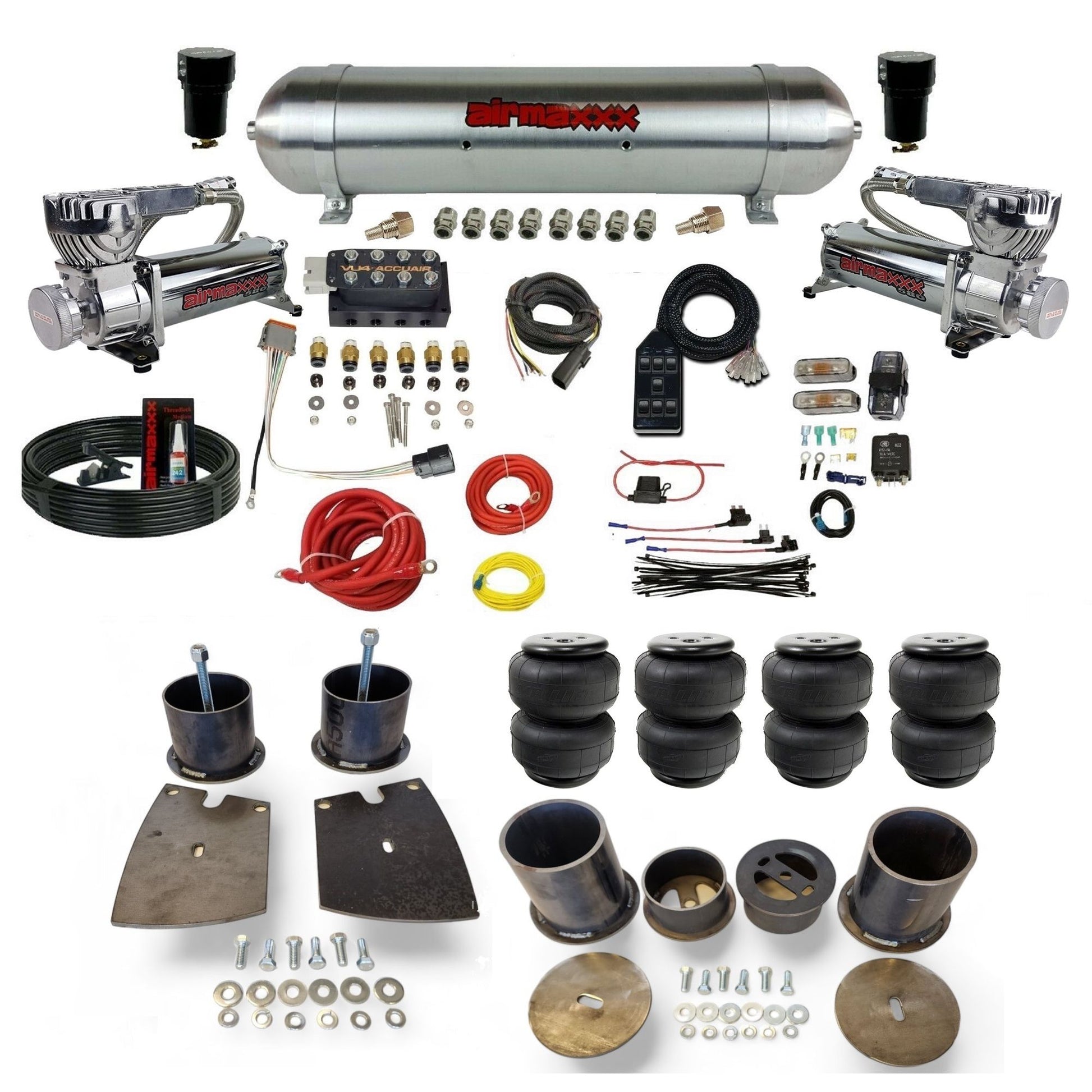 Accuair VU4 3/8 air ride suspension kit with chrome 580 compressors raw aluminum tank airlift bags & airmaxxx brackets fits 1961-64 Buick KBUI61-580C2-57ARW-VU4-7BK-WK-HFD25