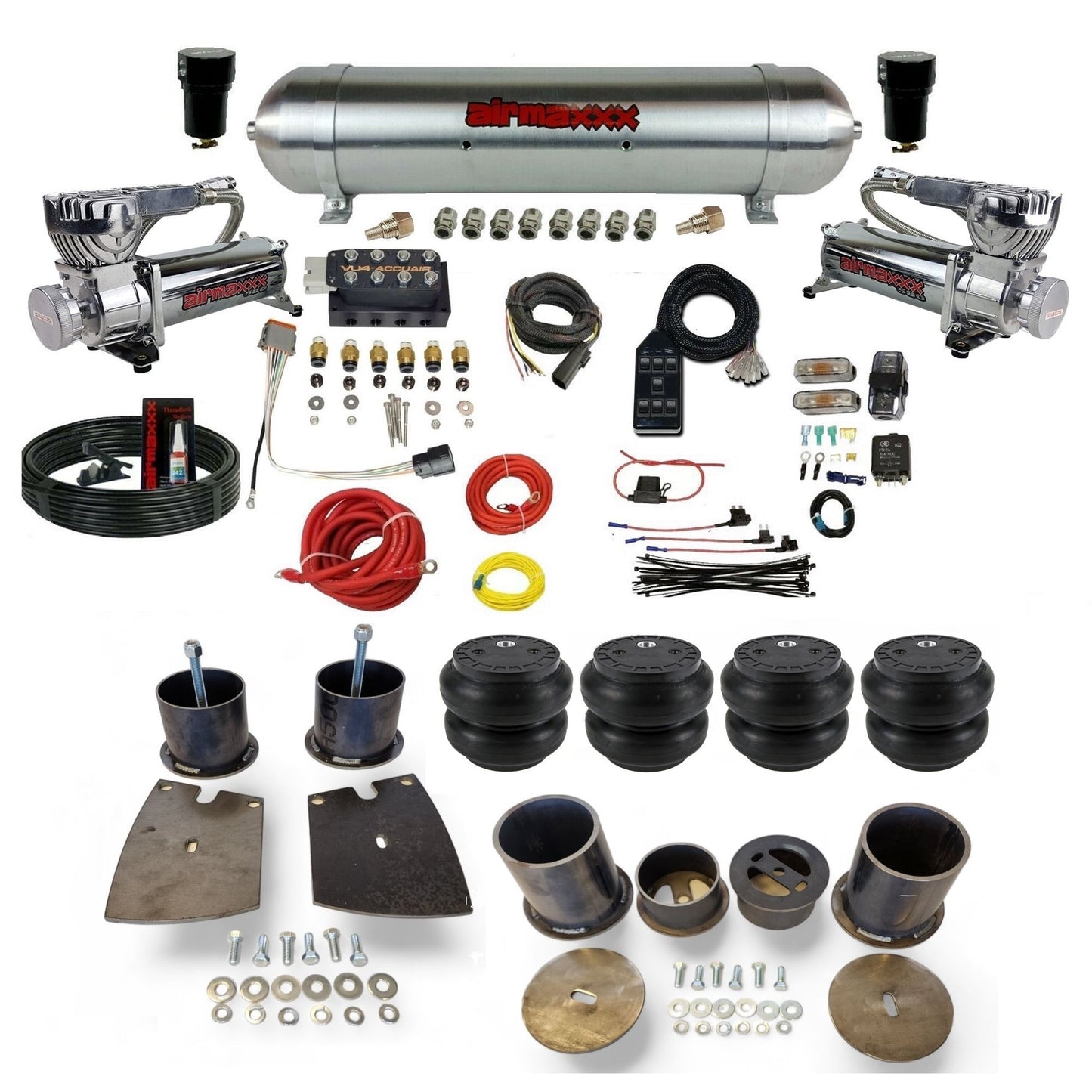Accuair VU4 3/8 air ride suspension kit with chrome 580 compressors raw aluminum tank slam bags & airmaxxx brackets fits 1961-64 Buick KBUI61-580C2-57ARW-VU4-7BK-WK-HFSS7