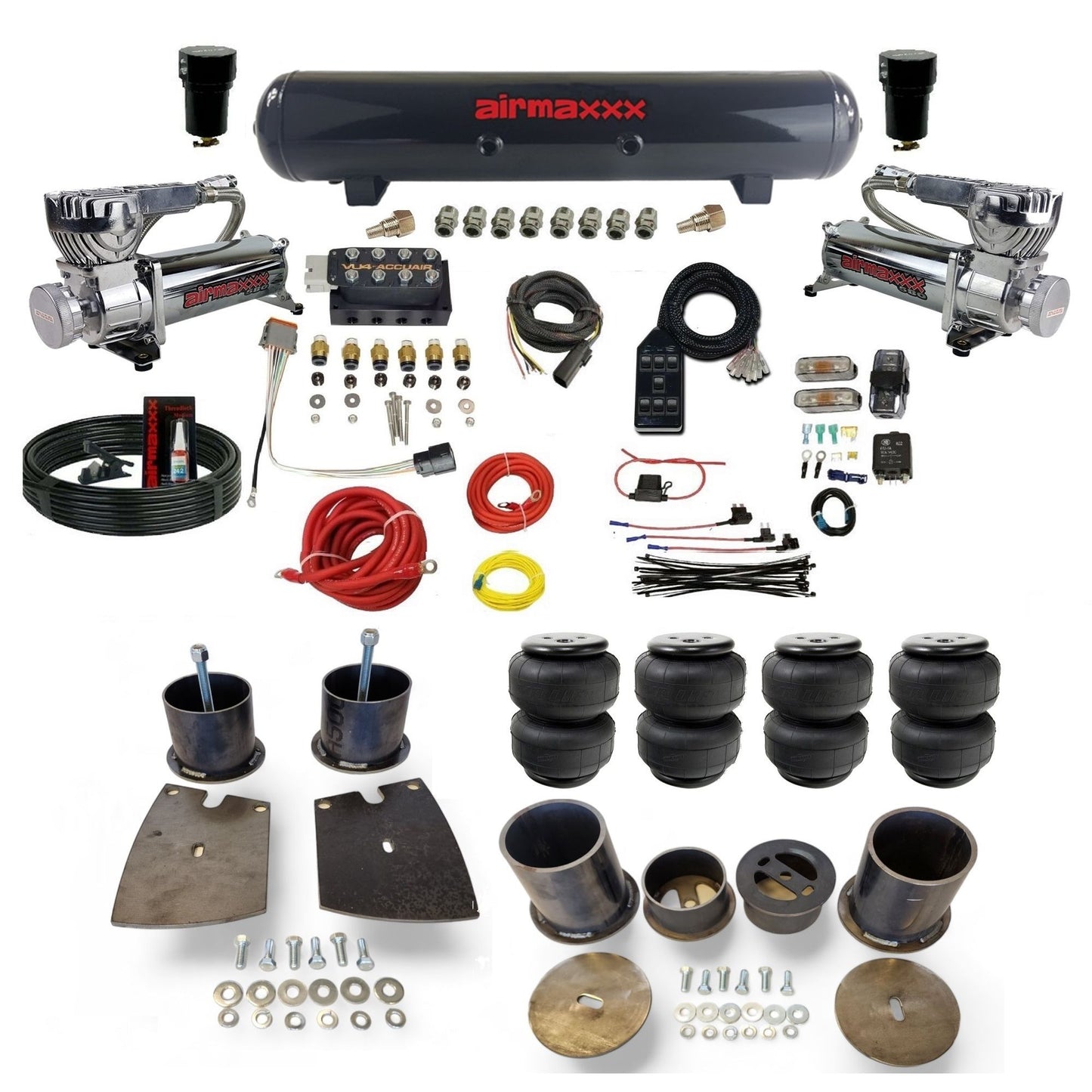 Accuair VU4 3/8 air ride suspension kit with chrome 580 compressors steel tank airlift bags & airmaxxx brackets fits 1961-64 Buick KBUI61-580C2-57S-VU4-7BK-WK-HFD25