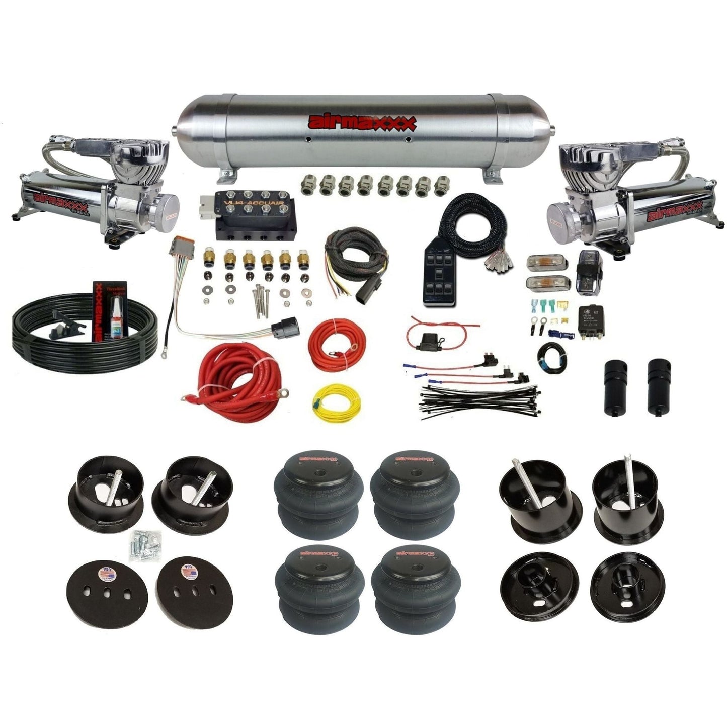 Accuair VU4 air ride suspension kit airmaxxx 580 chrome compressors aluminum tank 2600 bags for 1961 1962 Cadillac K-CAD6162-580C2-57ARW-VU4-7BK-WK-HF