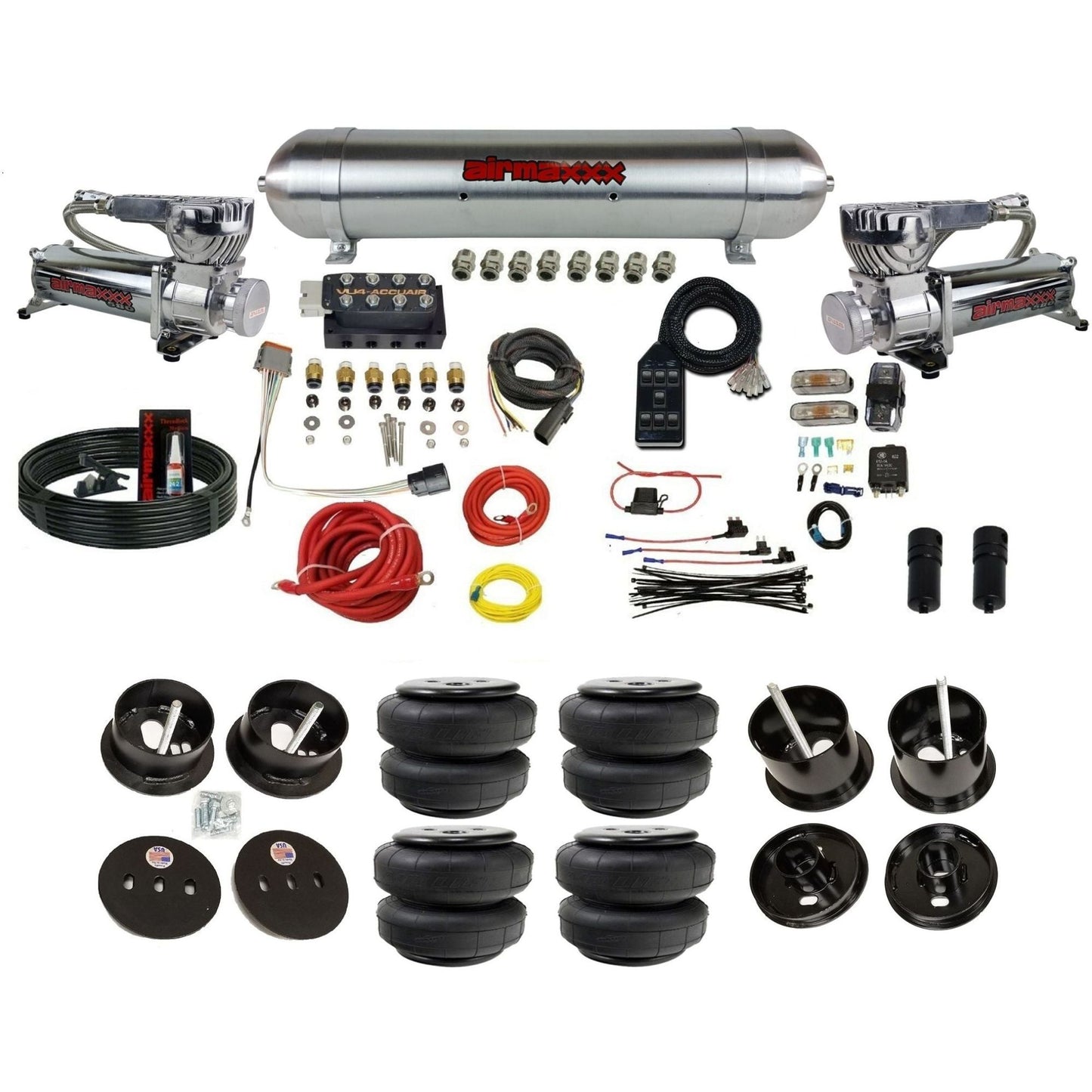 Accuair VU4 air ride suspension kit airmaxxx 580 chrome compressors aluminum tank air lift bags for 1961 1962 Cadillac K-CAD6162-580C2-57ARW-VU4-7BK-WK-HFD25