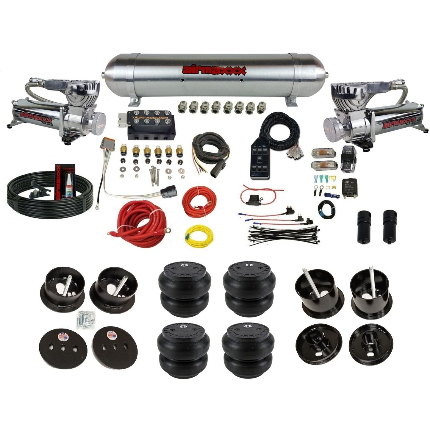 Accuair VU4 air ride suspension kit airmaxxx 580 chrome compressors aluminum tank slam bags for 1961 1962 Cadillac K-CAD6162-580C2-57ARW-VU4-7BK-WK-HFSS7