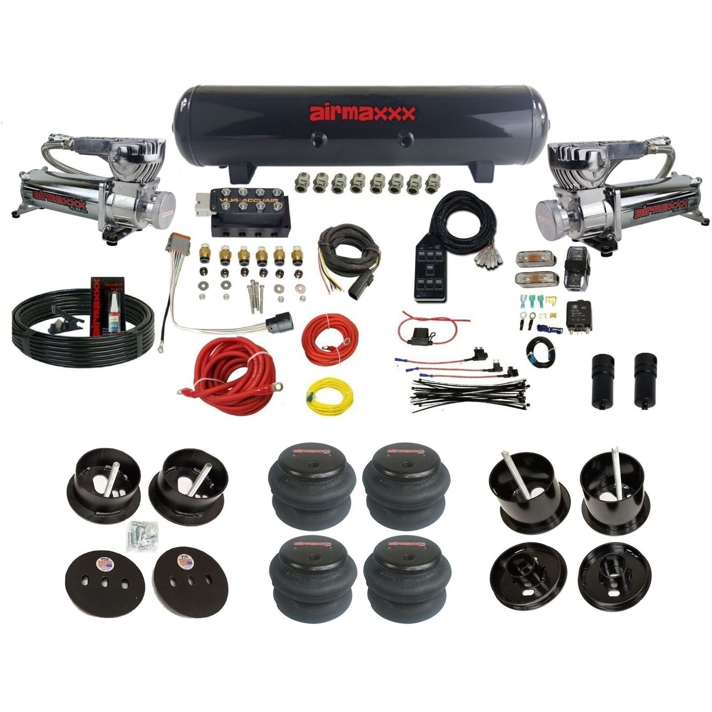 Accuair VU4 air ride suspension kit airmaxxx 580 chrome compressors steel tank 2600 bags for 1961 1962 Cadillac K-CAD6162-580C2-57S-VU4-7BK-WK-HF