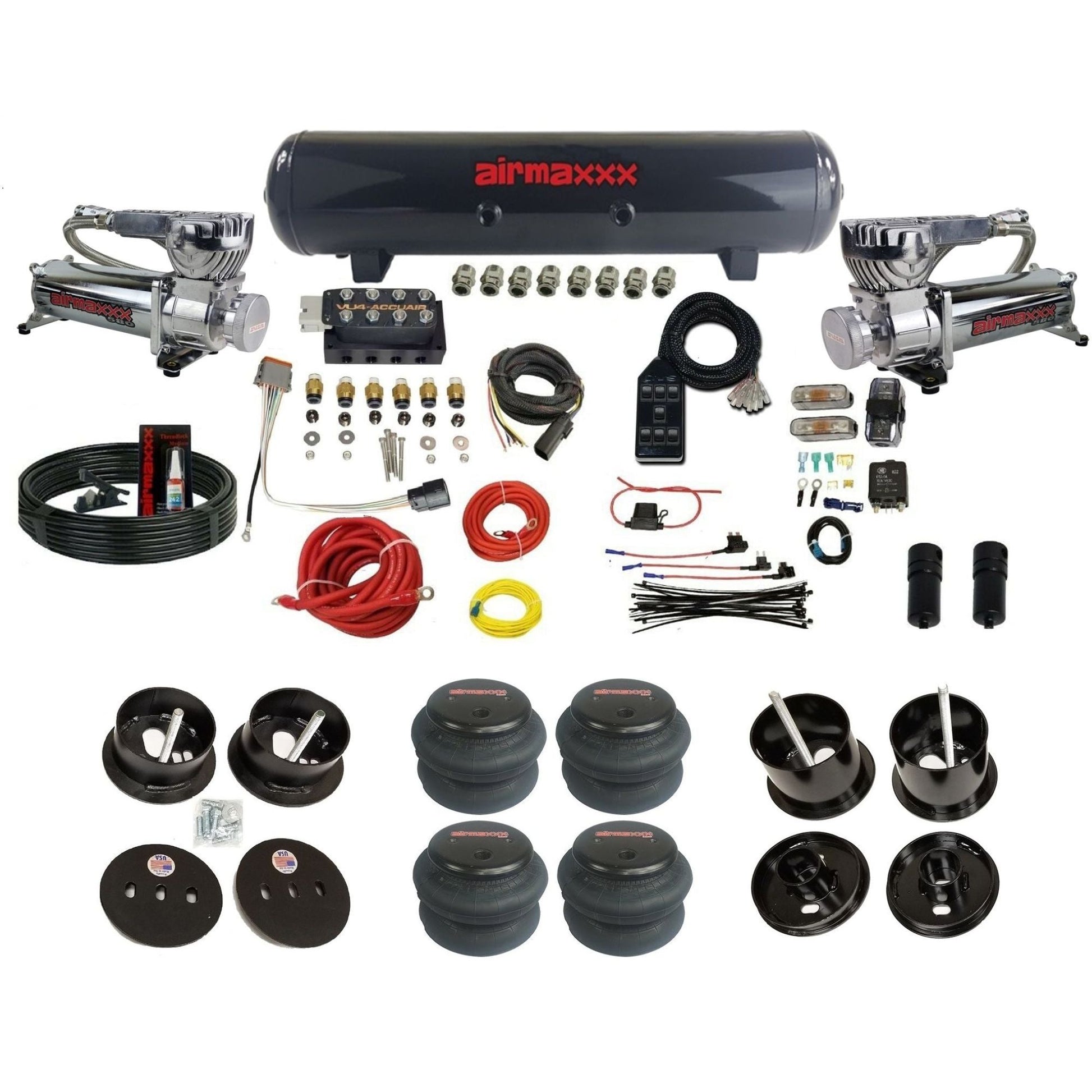 Accuair VU4 air ride suspension kit airmaxxx 580 chrome compressors steel tank 2600 bags for 1961 1962 Cadillac K-CAD6162-580C2-57S-VU4-7BK-WK-HF