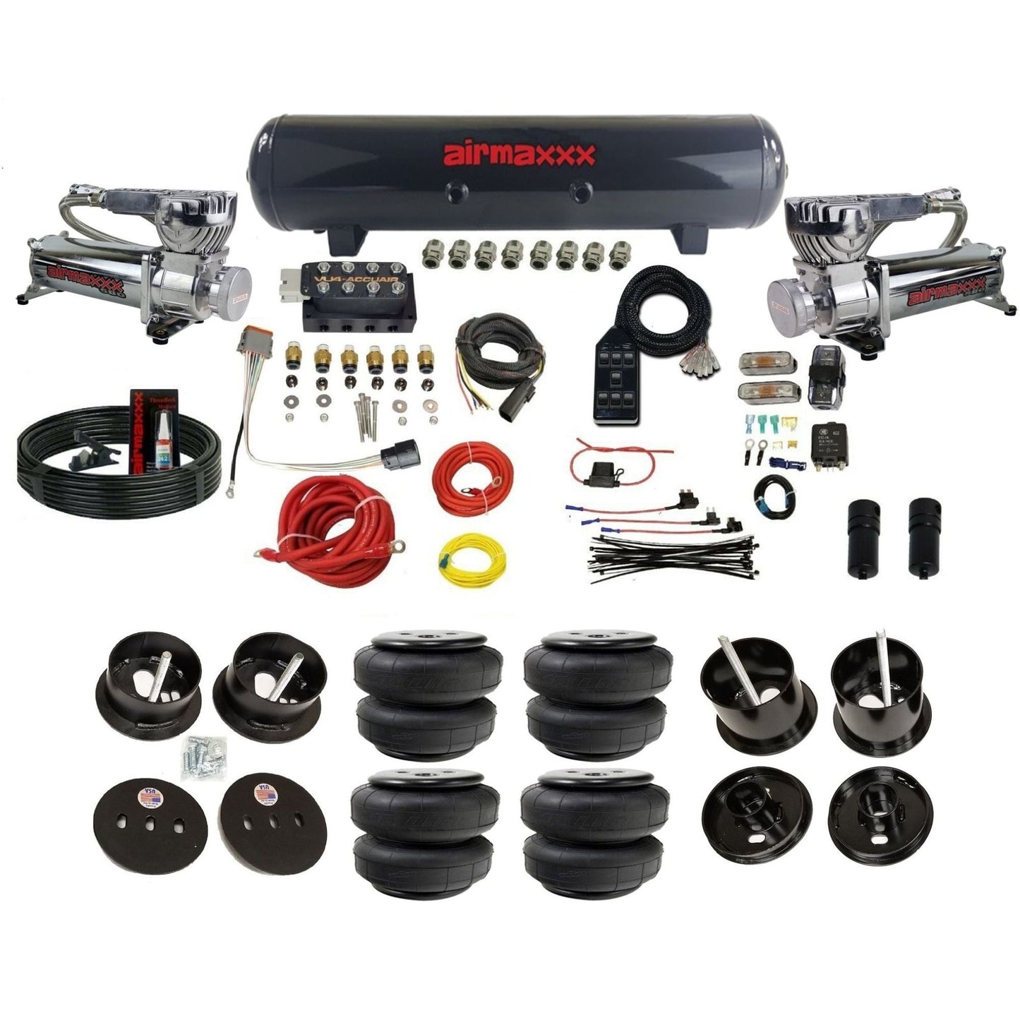 Accuair VU4 air ride suspension kit airmaxxx 580 chrome compressors steel tank airlift bags for 1961 1962 Cadillac K-CAD6162-580C2-57S-VU4-7BK-WK-HFD25