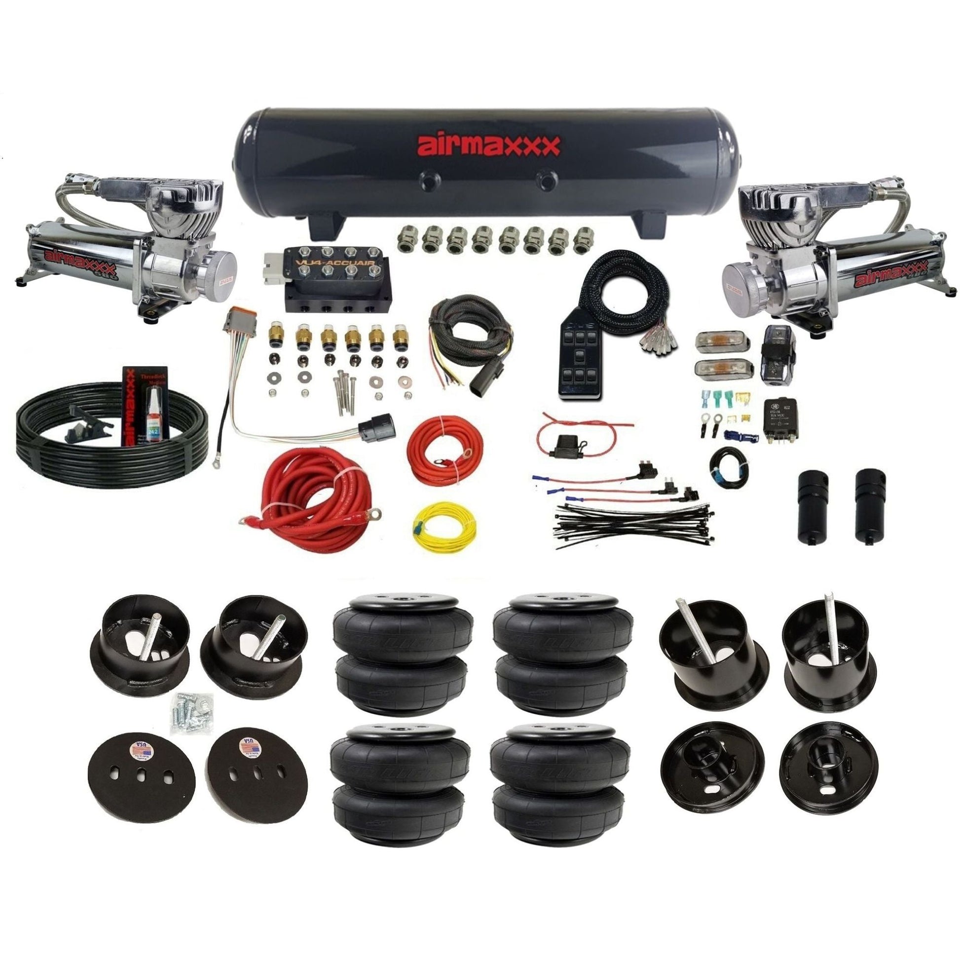 Accuair VU4 air ride suspension kit airmaxxx 580 chrome compressors steel tank airlift bags for 1961 1962 Cadillac K-CAD6162-580C2-57S-VU4-7BK-WK-HFD25