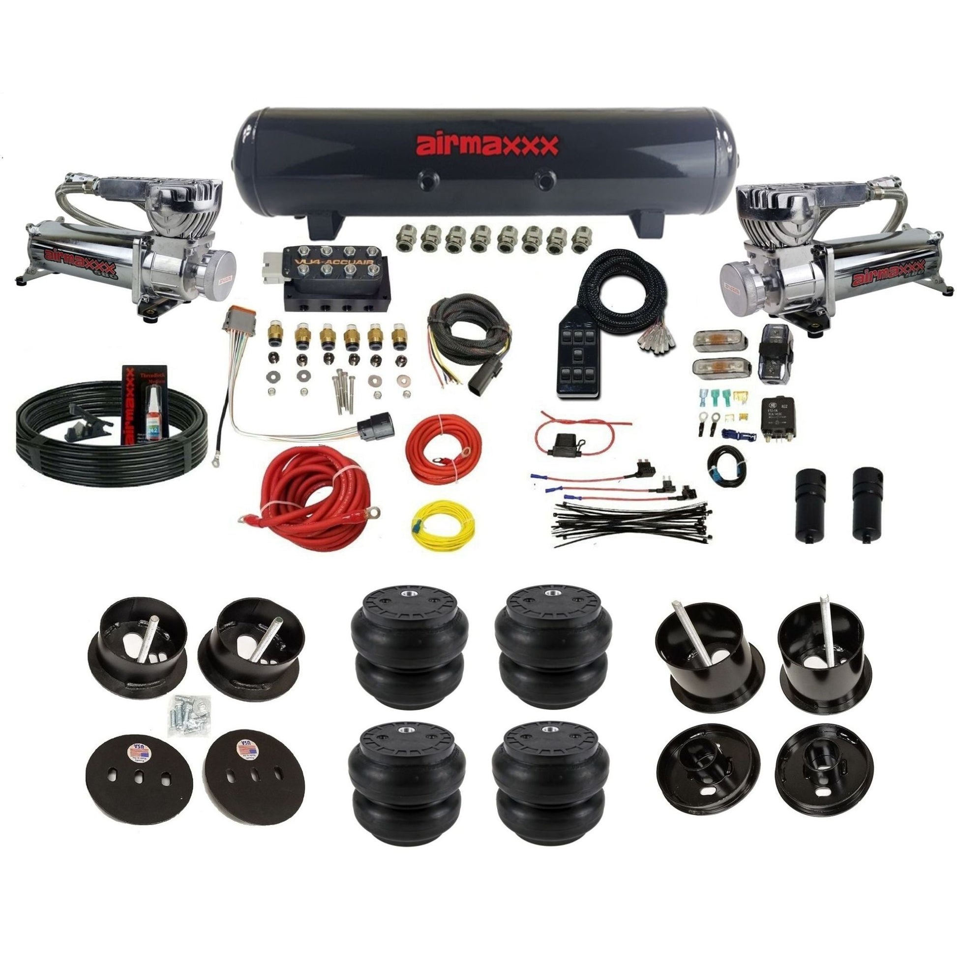 Accuair VU4 air ride suspension kit airmaxxx 580 chrome compressors steel tank slam bags for 1961 1962 Cadillac K-CAD6162-580C2-57S-VU4-7BK-WK-HFSS7
