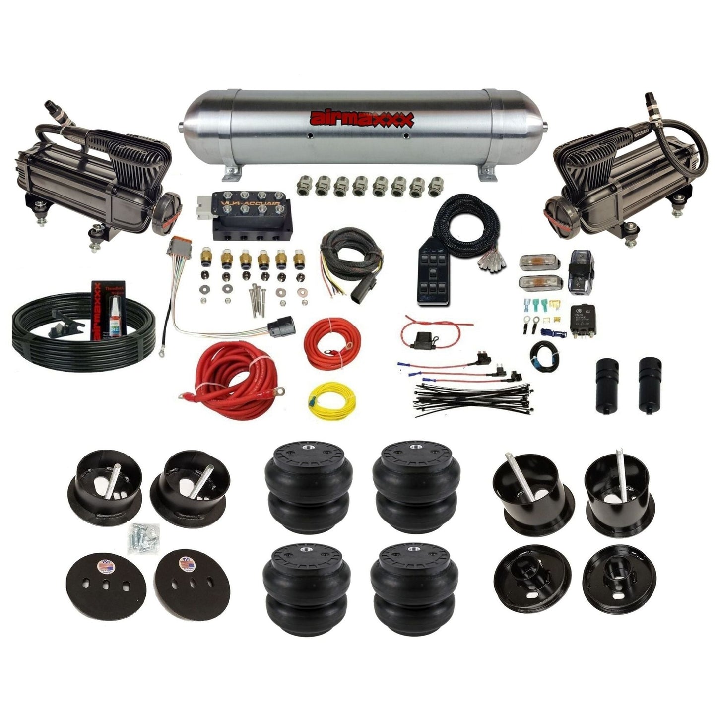 Accuair VU4 air ride suspension kit airmaxxx x-series compressors aluminum tank slam bags for 1961 1962 Cadillac K-CAD6162-XB2-57ARW-VU4-7BK-WK-HFSS7
