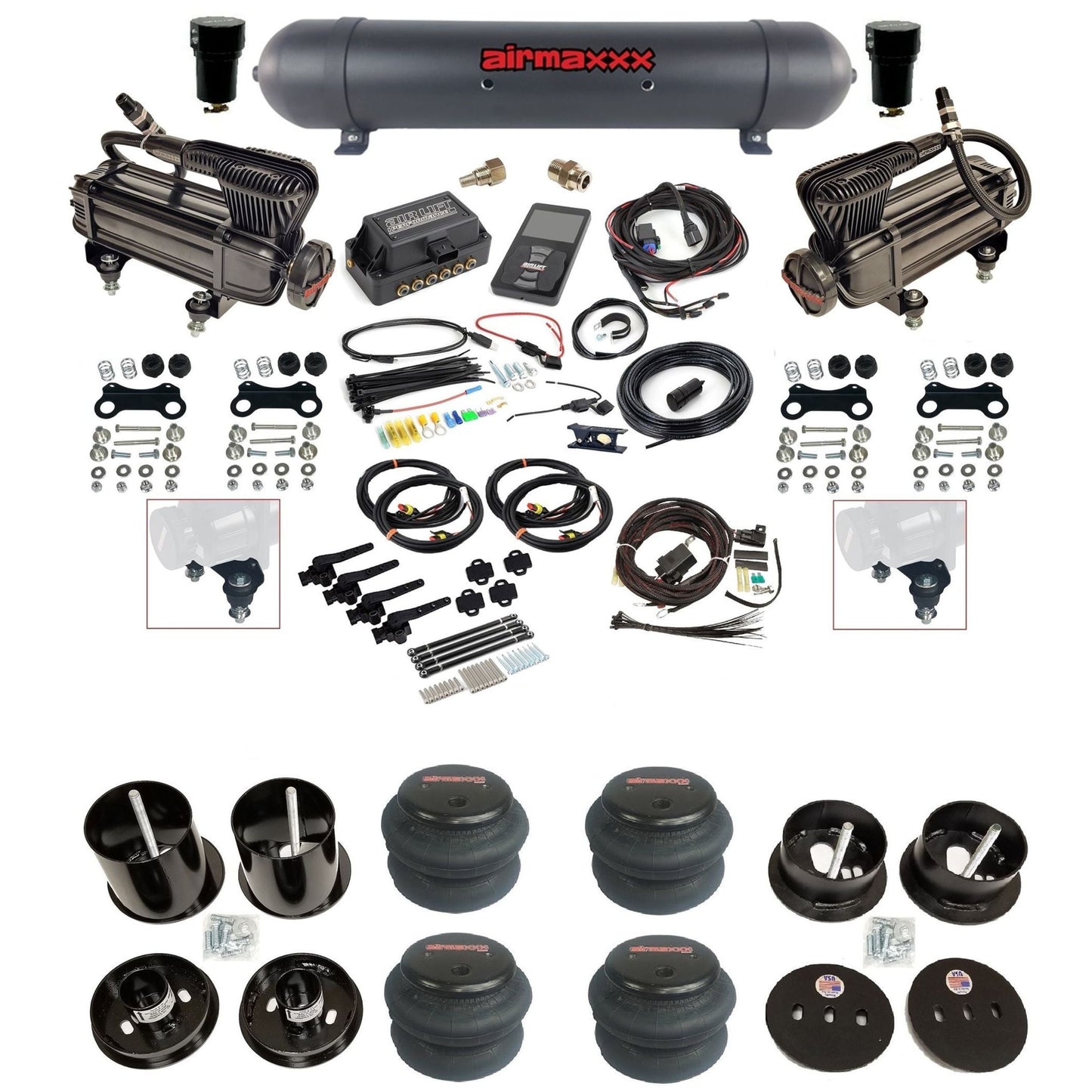 Air Lift 3H 27695 3/8 air suspension kit with dual X-series compressors aluminum tank 2600 bags & airmaxxx brackets fits 1963-64 Cadillac KCAD63-XB2-57ABK-27695-WK-3P2