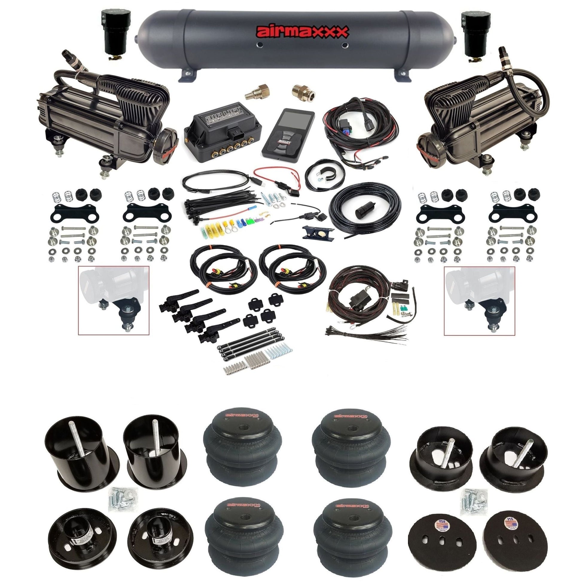 Air Lift 3H 27695 3/8 air suspension kit with dual X-series compressors aluminum tank 2600 bags & airmaxxx brackets fits 1963-64 Cadillac KCAD63-XB2-57ABK-27695-WK-3P2
