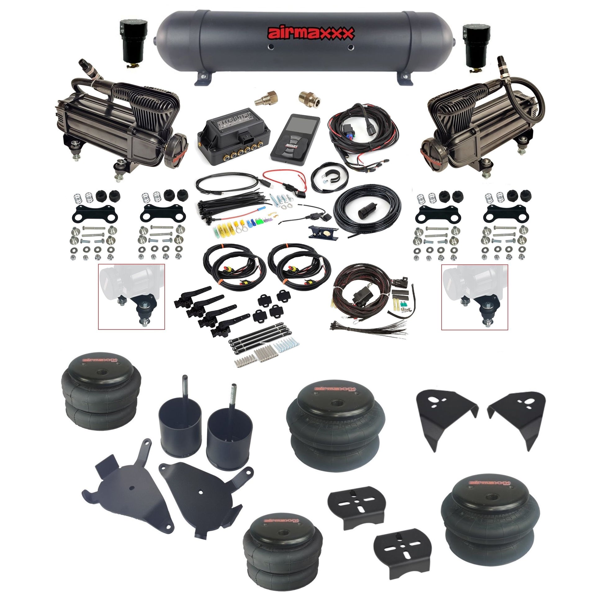 Air Lift 3H 27695 3/8 air suspension kit with dual X-series compressors aluminum tank 2600 bags & airmaxxx brackets fits 1982-05 Chevy S10/S15/Sonoma KS10-XB2-57ABK-27695-WK-3P2