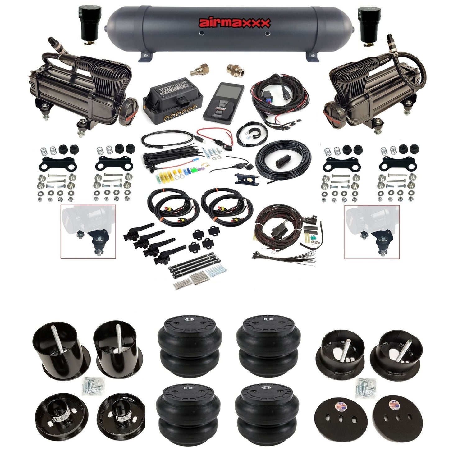 Air Lift 3H 27695 3/8 air suspension kit with dual X-series compressors aluminum tank Slam bags & airmaxxx brackets fits 1963-64 Cadillac KCAD63-XB2-57ABK-27695-WK-3P2SS7