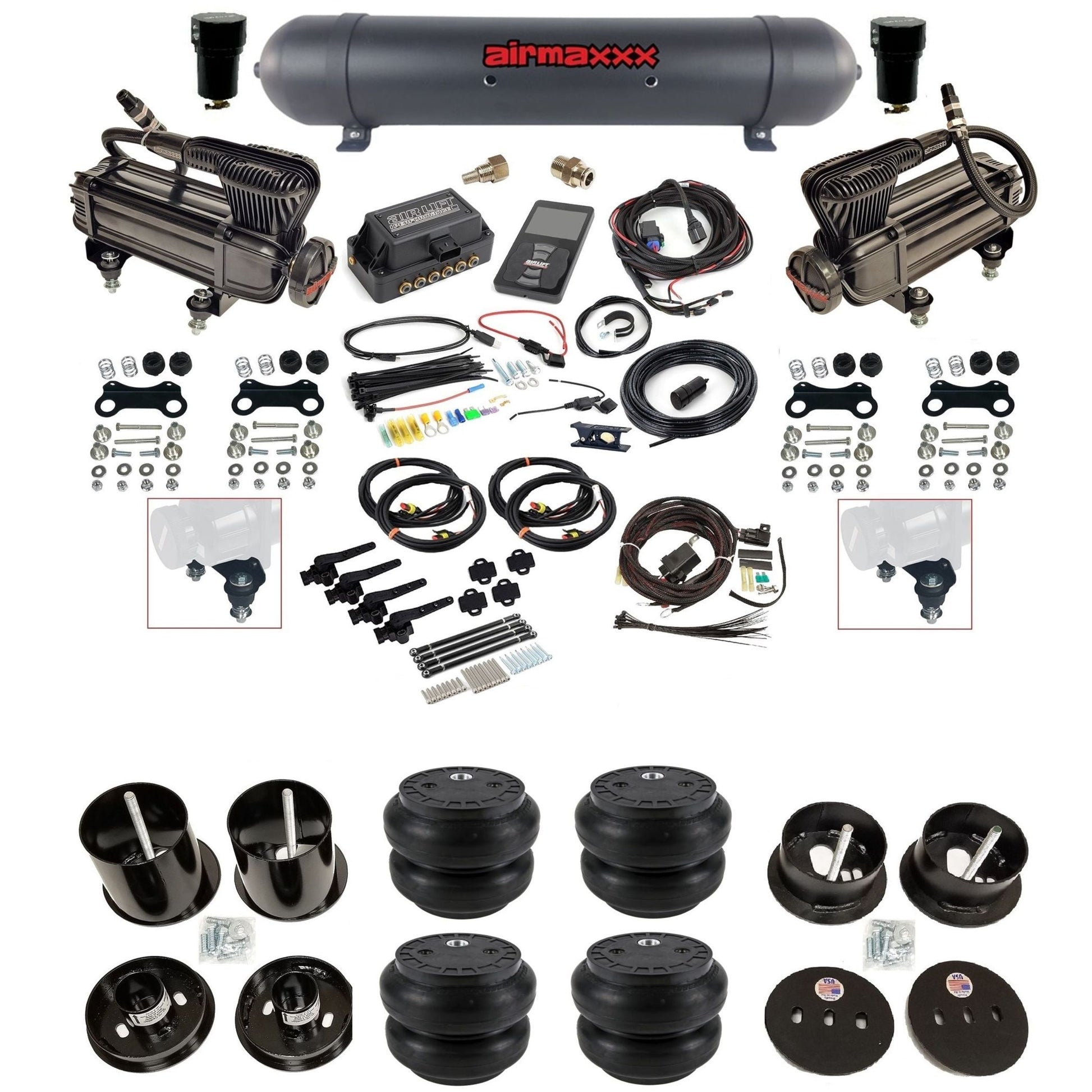Air Lift 3H 27695 3/8 air suspension kit with dual X-series compressors aluminum tank Slam bags & airmaxxx brackets fits 1963-64 Cadillac KCAD63-XB2-57ABK-27695-WK-3P2SS7