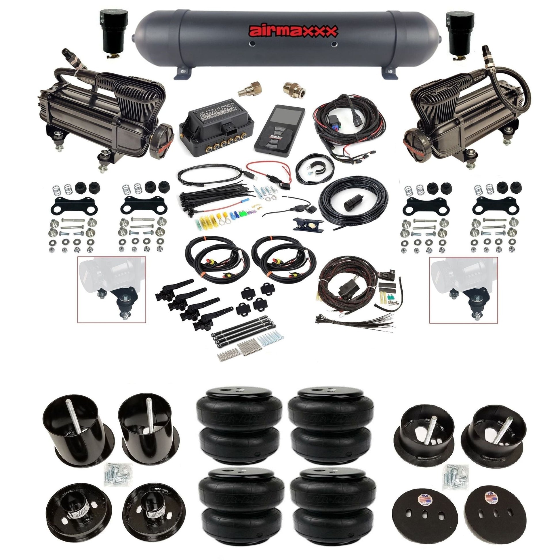Air Lift 3H 27695 3/8 air suspension kit with dual X-series compressors aluminum tank airlift bags & airmaxxx brackets fits 1963-64 Cadillac KCAD63-XB2-57ABK-27695-WK-3P2D25