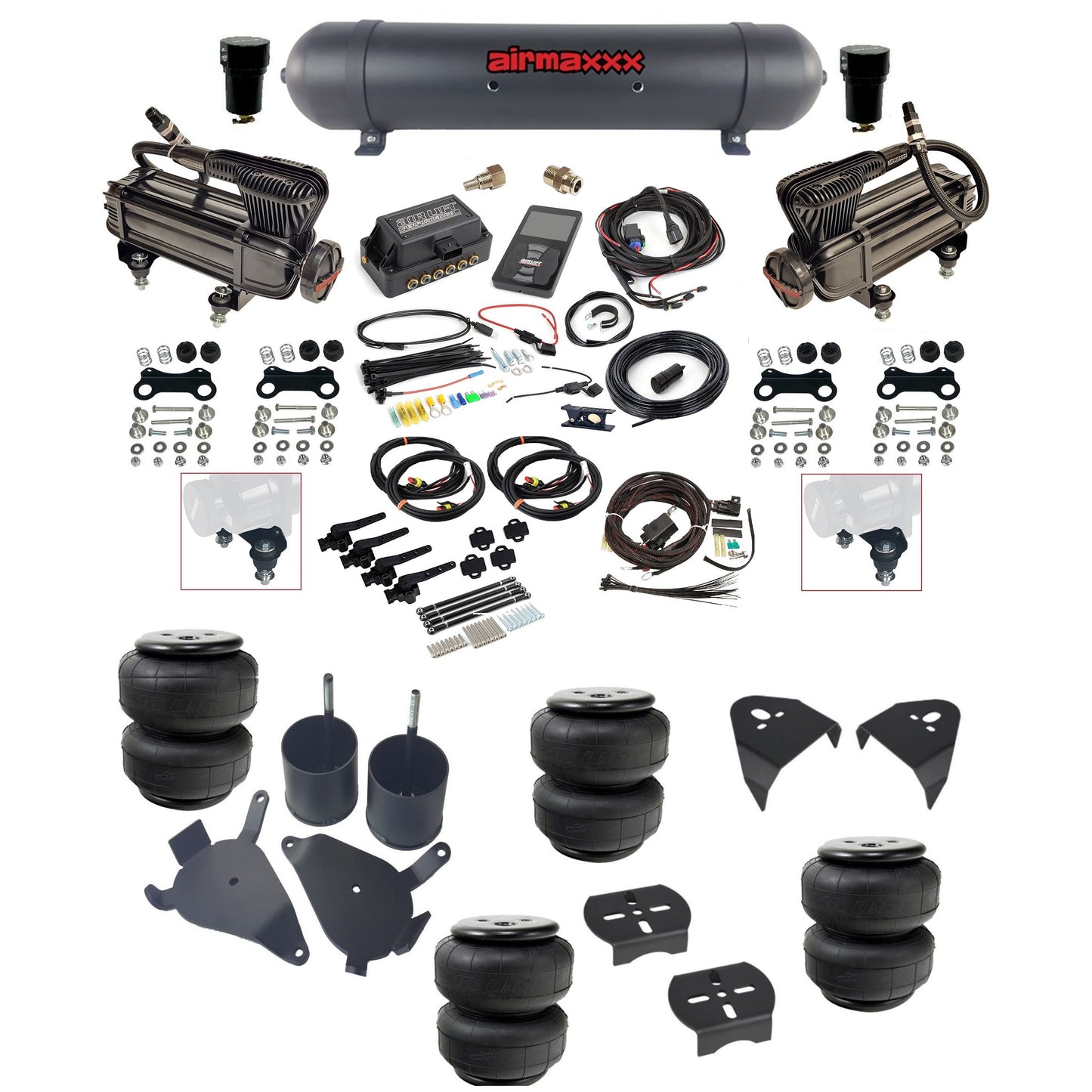 Air Lift 3H 27695 3/8 air suspension kit with dual X-series compressors aluminum tank airlift bags & airmaxxx brackets fits 1982-05 Chevy S10/S15/Sonoma KS10-XB2-57ABK-27695-WK-3P2D25