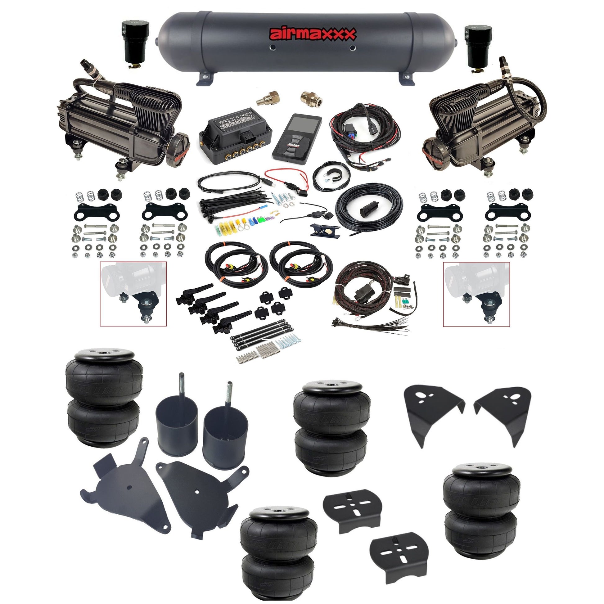 Air Lift 3H 27695 3/8 air suspension kit with dual X-series compressors aluminum tank airlift bags & airmaxxx brackets fits 1982-05 Chevy S10/S15/Sonoma KS10-XB2-57ABK-27695-WK-3P2D25