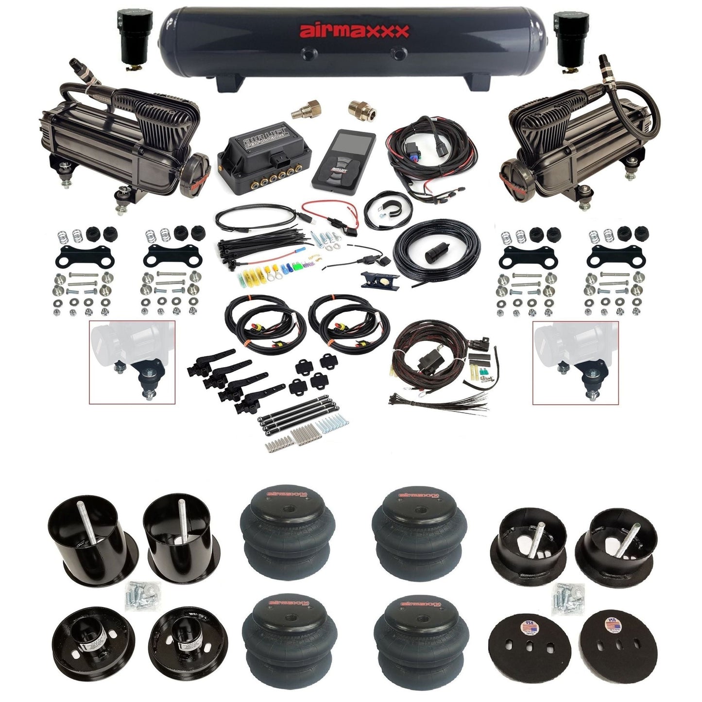 Air Lift 3H 27695 3/8 air suspension kit with dual X-series compressors steel tank 2600 bags & airmaxxx brackets fits 1963-64 Cadillac KCAD63-XB2-57S-27695-WK-3P2