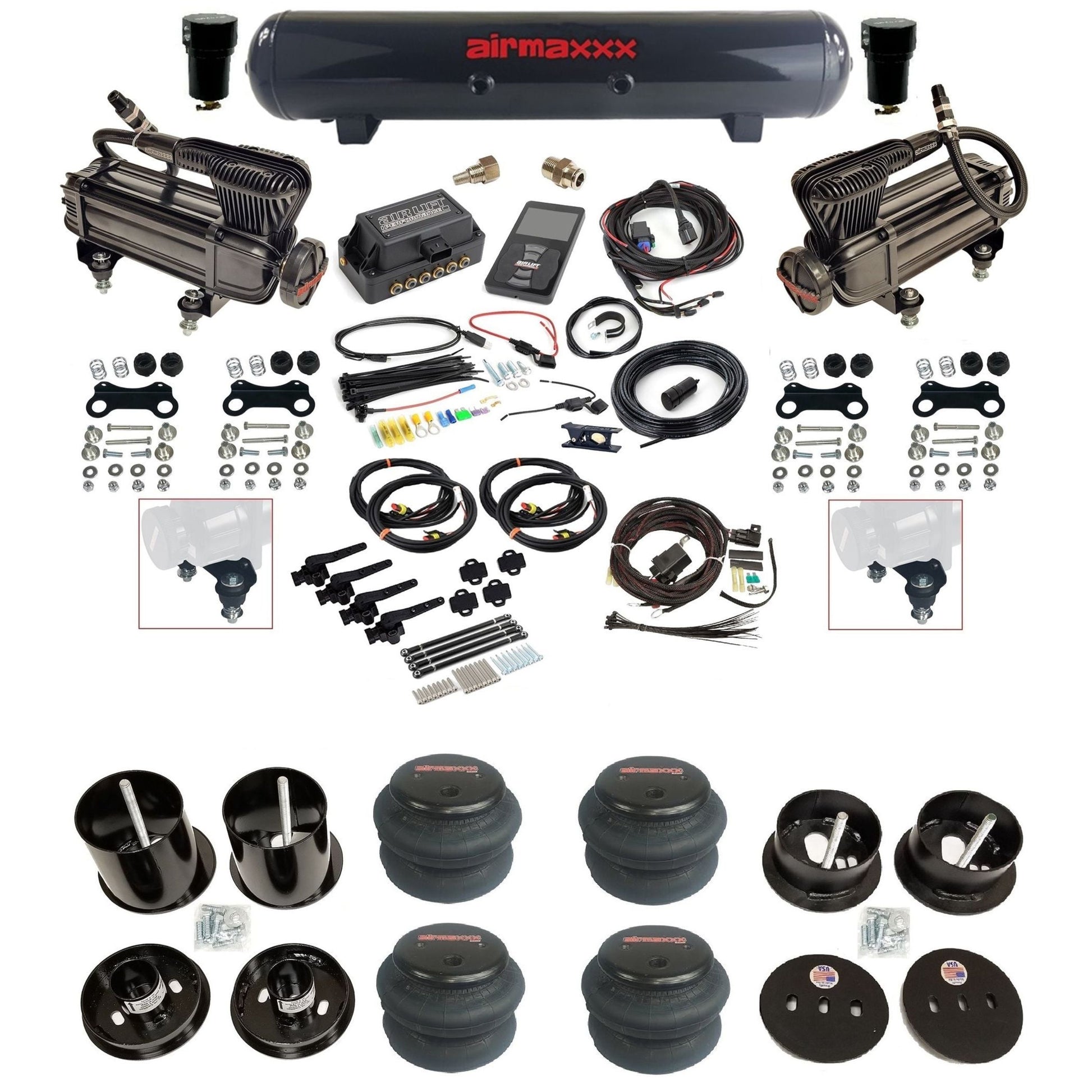 Air Lift 3H 27695 3/8 air suspension kit with dual X-series compressors steel tank 2600 bags & airmaxxx brackets fits 1963-64 Cadillac KCAD63-XB2-57S-27695-WK-3P2