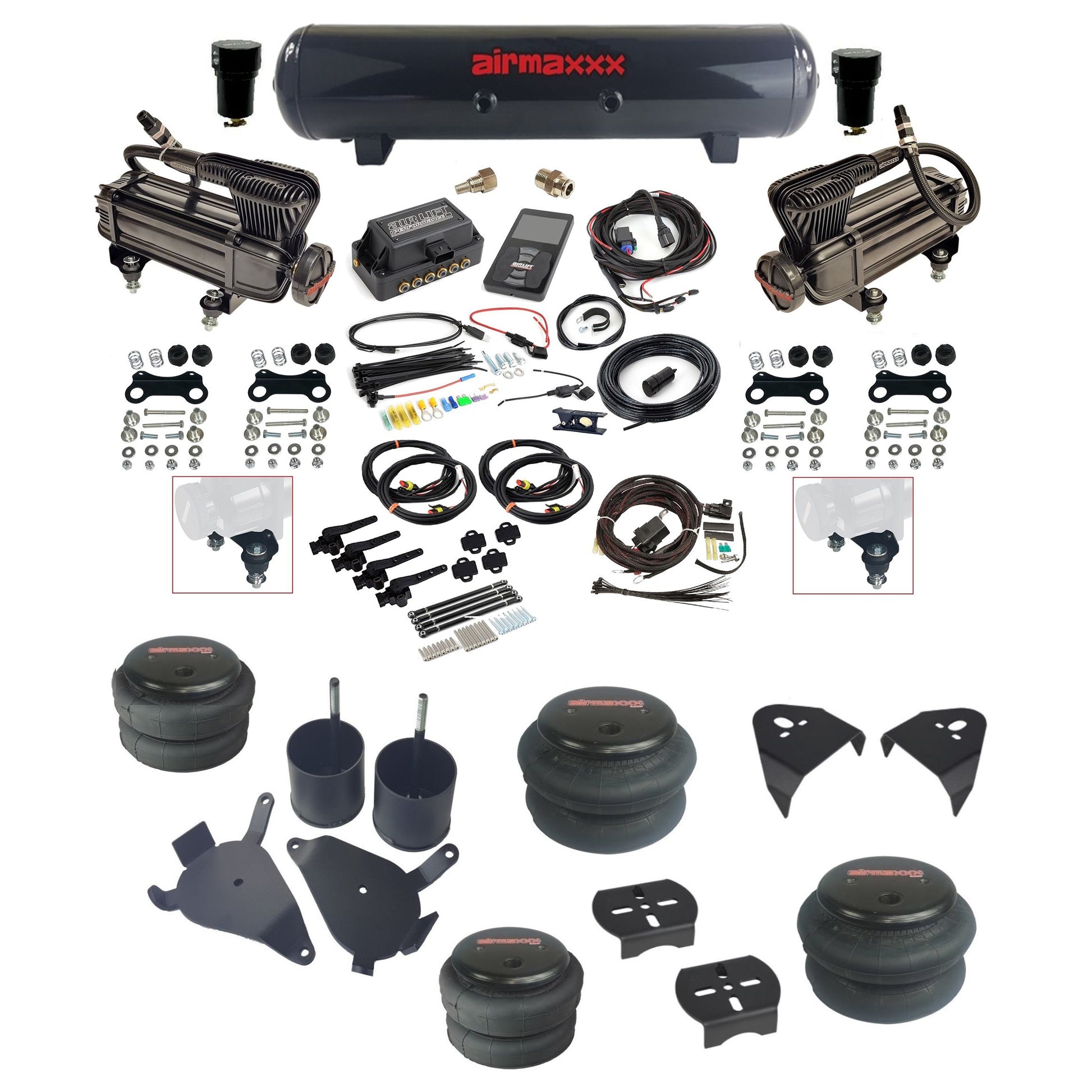 Air Lift 3H 27695 3/8 air suspension kit with dual X-series compressors steel tank 2600 bags & airmaxxx brackets fits 1982-05 Chevy S10/S15/Sonoma KS10-XB2-57S-27695-WK-3P2