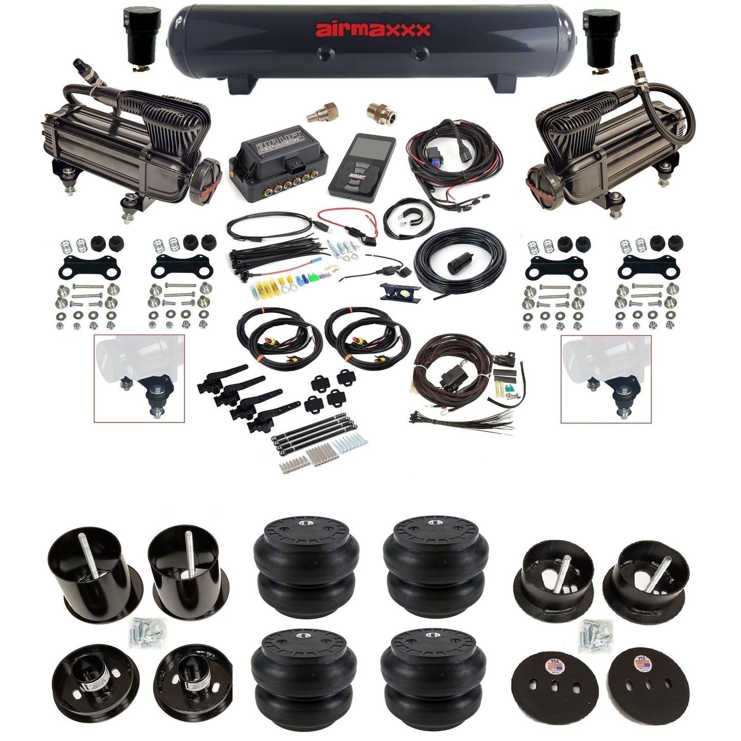 Air Lift 3H 27695 3/8 air suspension kit with dual X-series compressors steel tank Slam bags & airmaxxx brackets fits 1963-64 Cadillac KCAD63-XB2-57S-27695-WK-3P2SS7