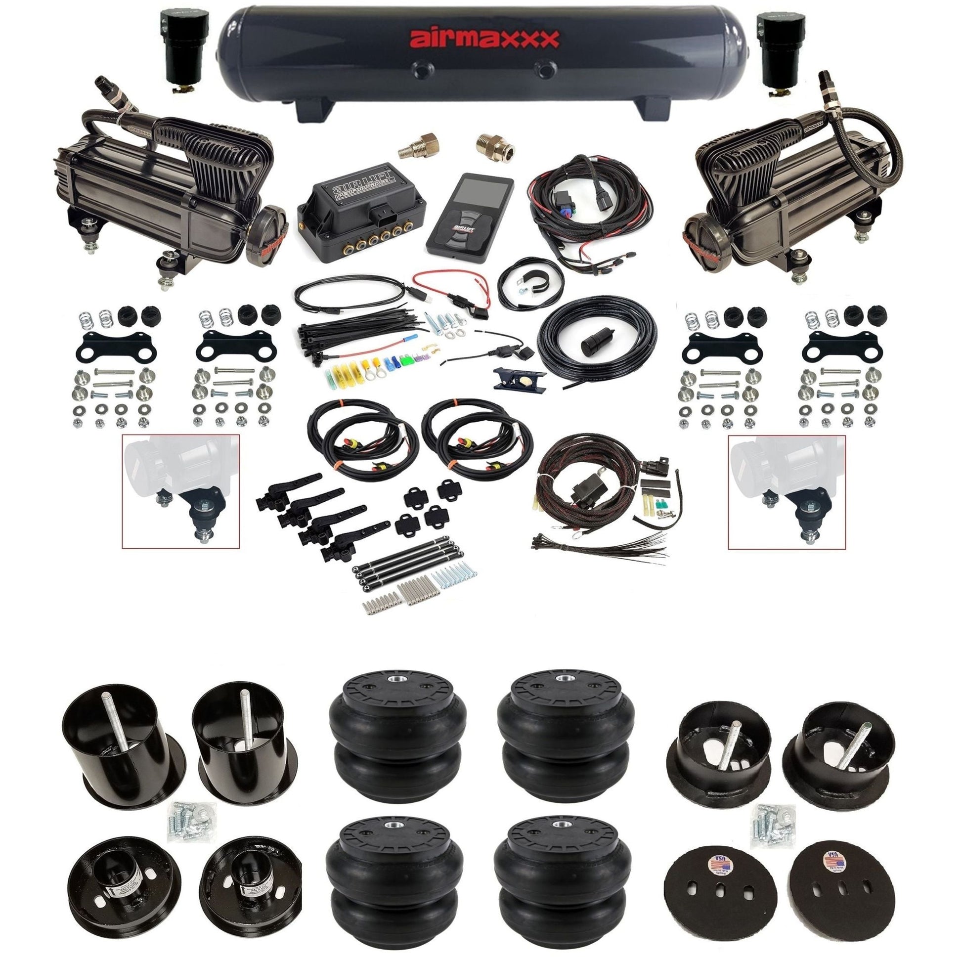 Air Lift 3H 27695 3/8 air suspension kit with dual X-series compressors steel tank Slam bags & airmaxxx brackets fits 1963-64 Cadillac KCAD63-XB2-57S-27695-WK-3P2SS7