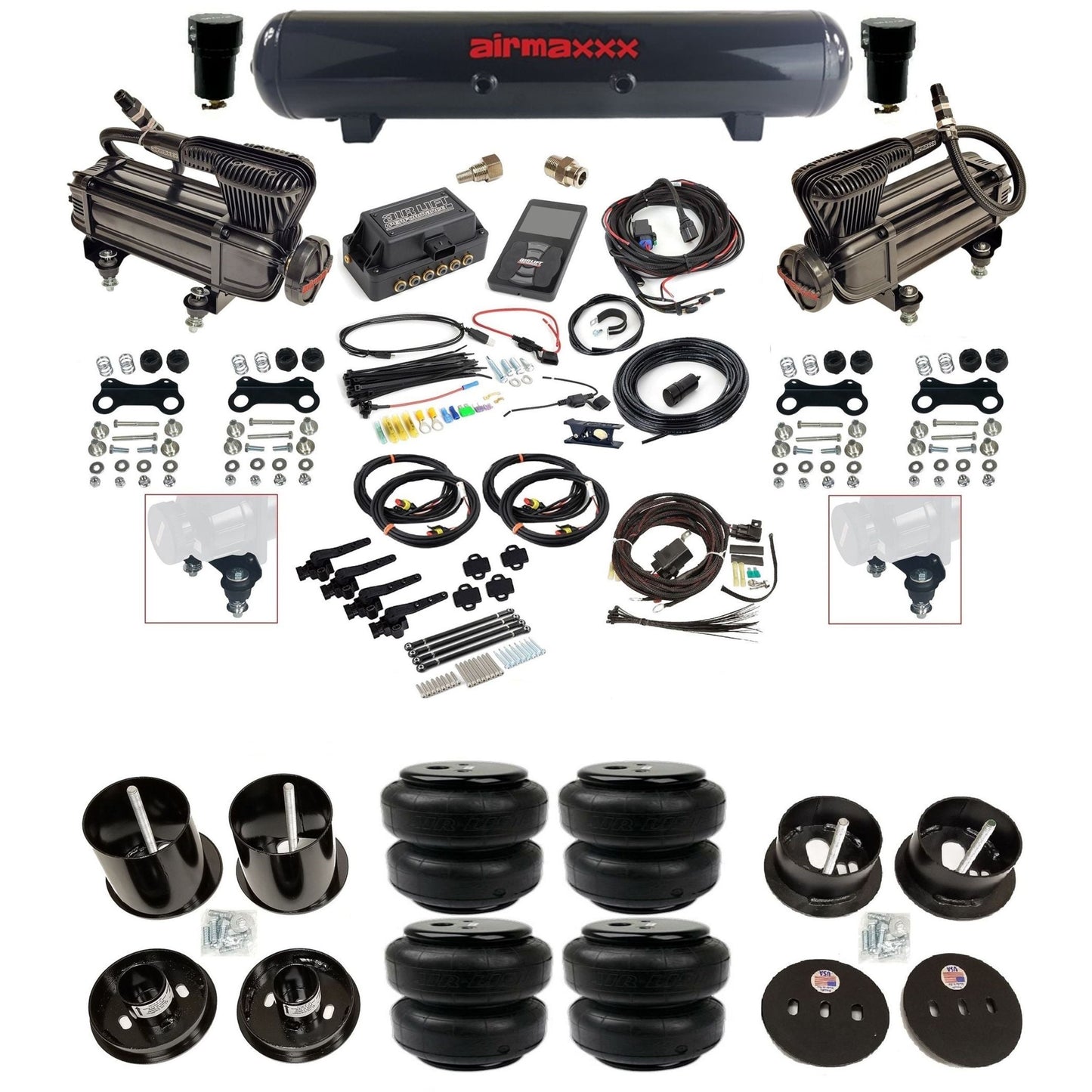 Air Lift 3H 27695 3/8 air suspension kit with dual X-series compressors steel tank airlift bags & airmaxxx brackets fits 1963-64 Cadillac KCAD63-XB2-57S-27695-WK-3P2D25