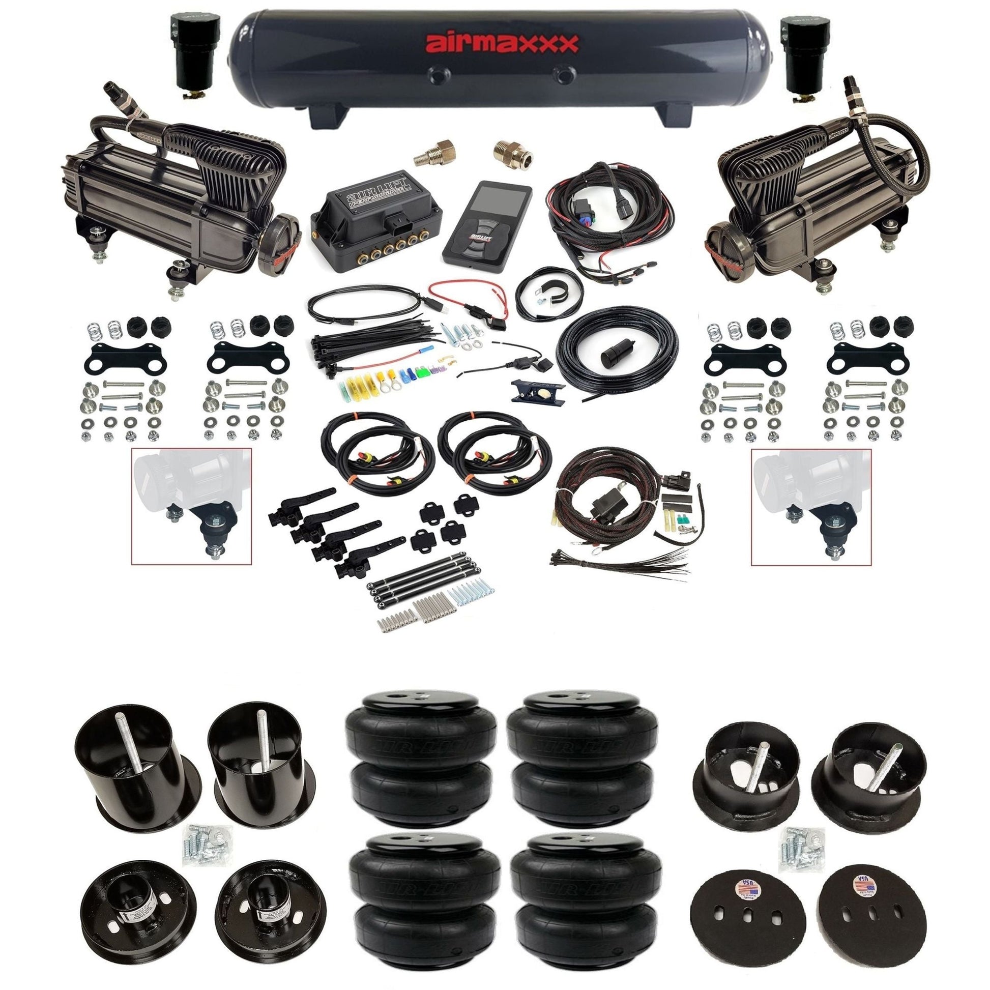 Air Lift 3H 27695 3/8 air suspension kit with dual X-series compressors steel tank airlift bags & airmaxxx brackets fits 1963-64 Cadillac KCAD63-XB2-57S-27695-WK-3P2D25
