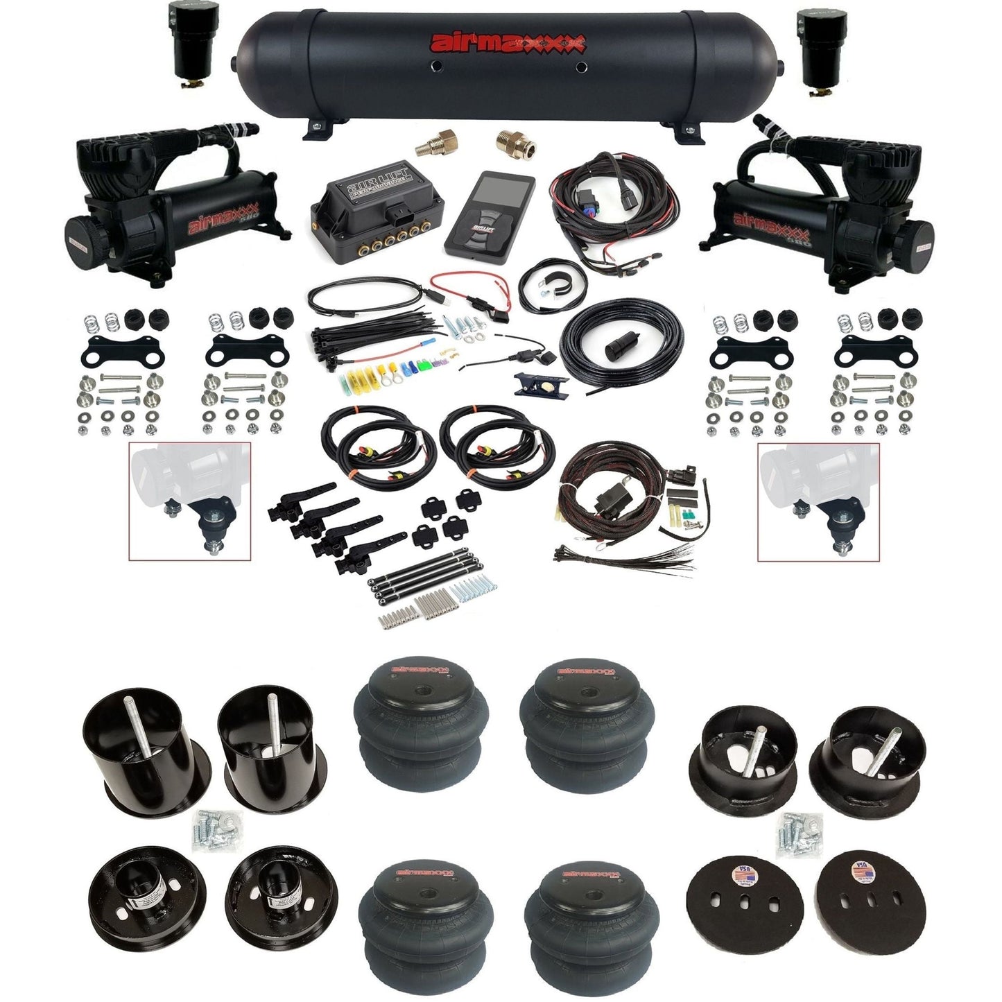 Air Lift 3H 27695 3/8 air suspension kit with dual black 580 compressors aluminum tank 2600 bags & airmaxxx brackets fits 1963-64 Cadillac KCAD63-580B2-57ABK-27695-WK-3P2