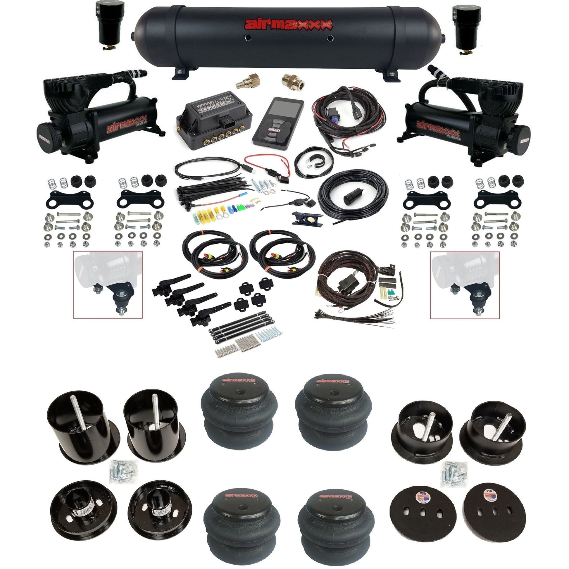 Air Lift 3H 27695 3/8 air suspension kit with dual black 580 compressors aluminum tank 2600 bags & airmaxxx brackets fits 1963-64 Cadillac KCAD63-580B2-57ABK-27695-WK-3P2