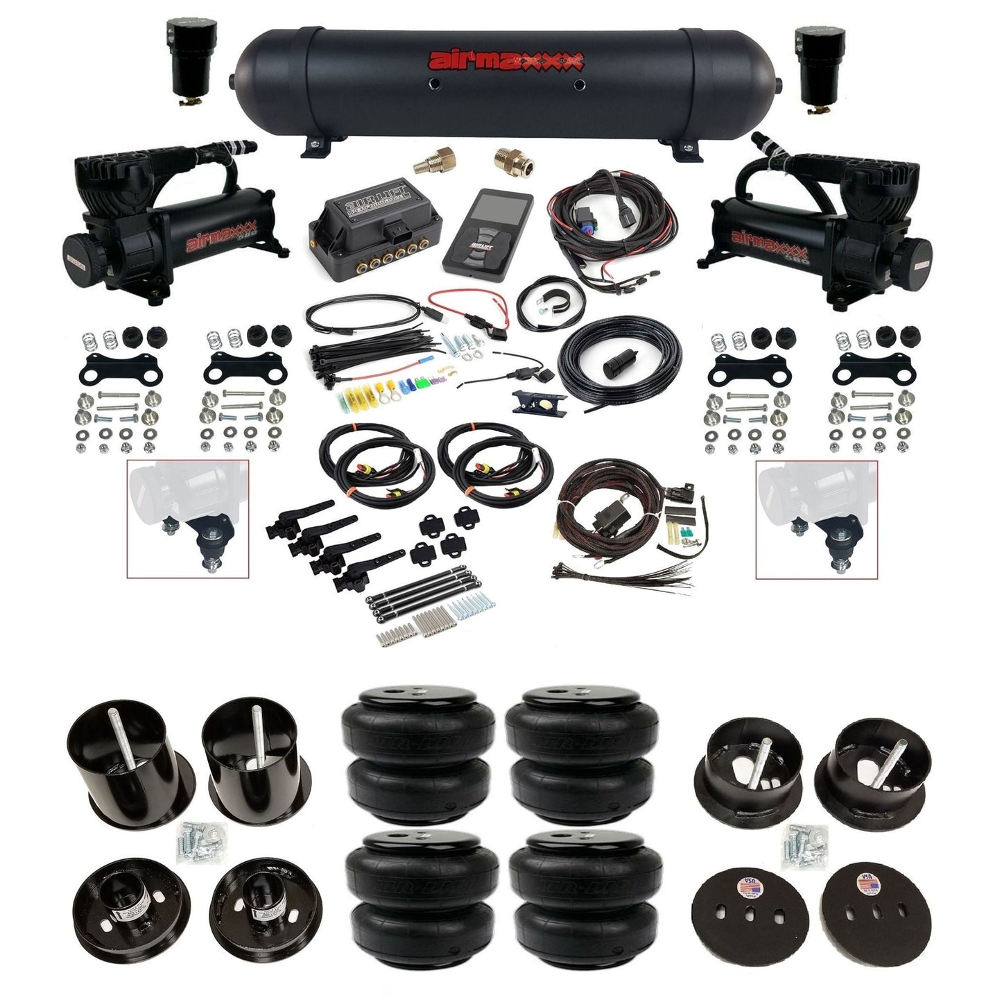 Air Lift 3H 27695 3/8 air suspension kit with dual black 580 compressors aluminum tank airlift bags & airmaxxx brackets fits 1963-64 Cadillac KCAD63-580B2-57ABK-27695-WK-3P2D25