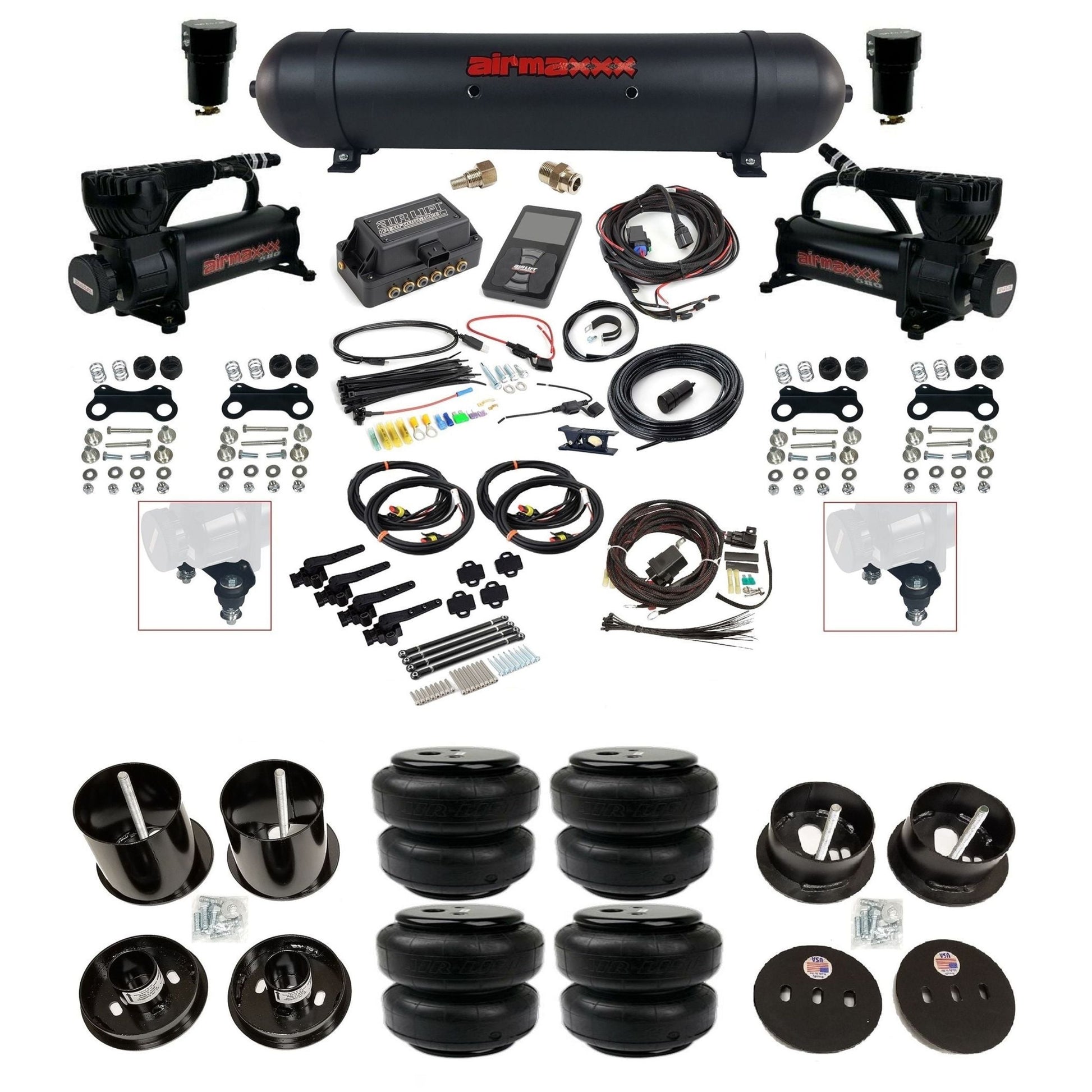 Air Lift 3H 27695 3/8 air suspension kit with dual black 580 compressors aluminum tank airlift bags & airmaxxx brackets fits 1963-64 Cadillac KCAD63-580B2-57ABK-27695-WK-3P2D25