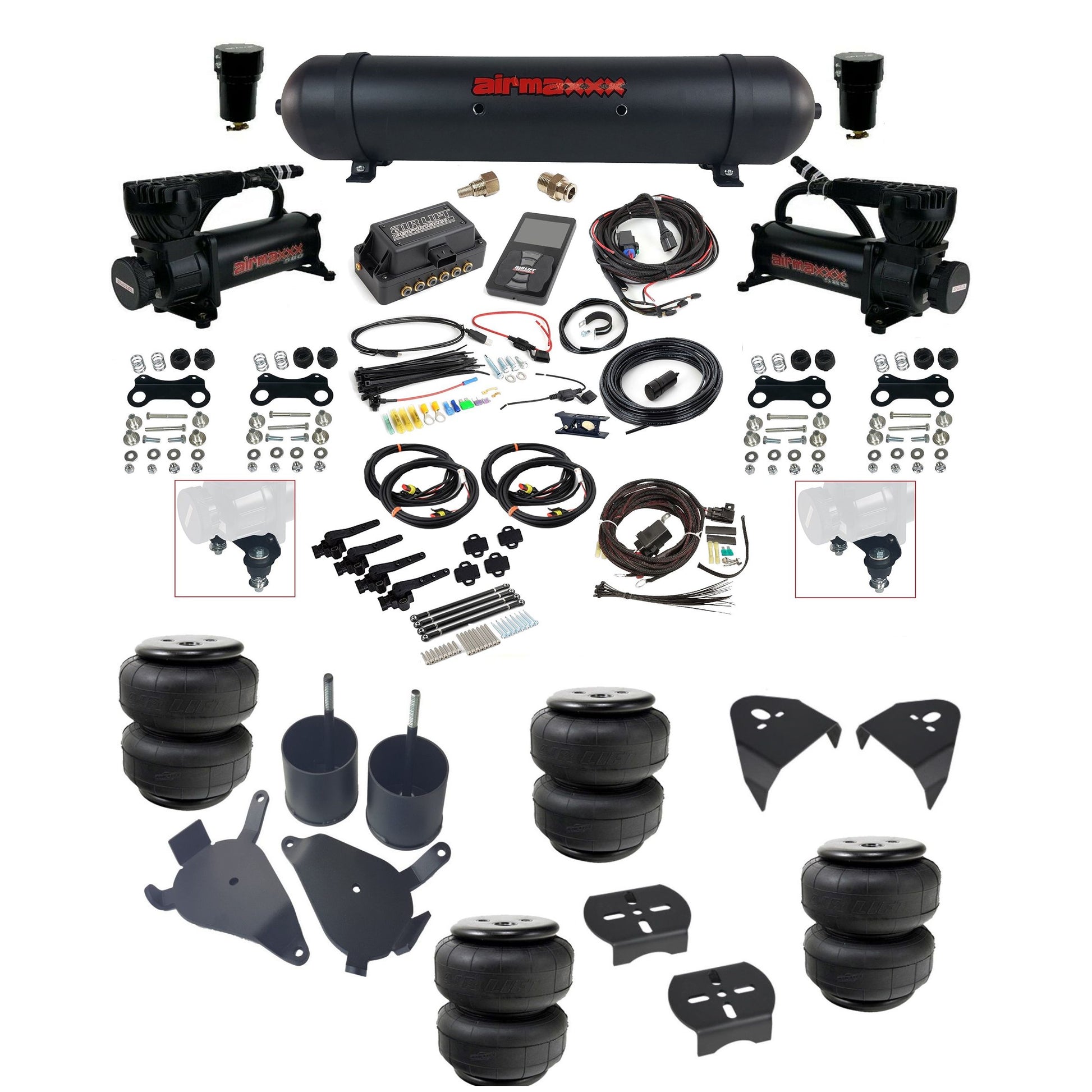 Air Lift 3H 27695 3/8 air suspension kit with dual black 580 compressors aluminum tank airlift bags & airmaxxx brackets fits 1982-05 Chevy S10/S15/Sonoma KS10-580B2-57ABK-27695-WK-3P2D25