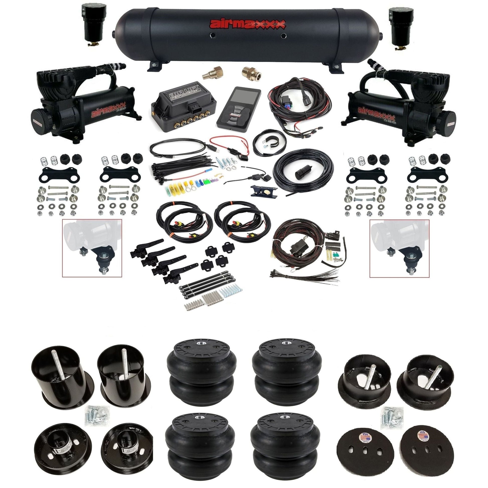 Air Lift 3H 27695 3/8 air suspension kit with dual black 580 compressors aluminum tank slam bags & airmaxxx brackets fits 1963-64 Cadillac KCAD63-580B2-57ABK-27695-WK-3P2SS7